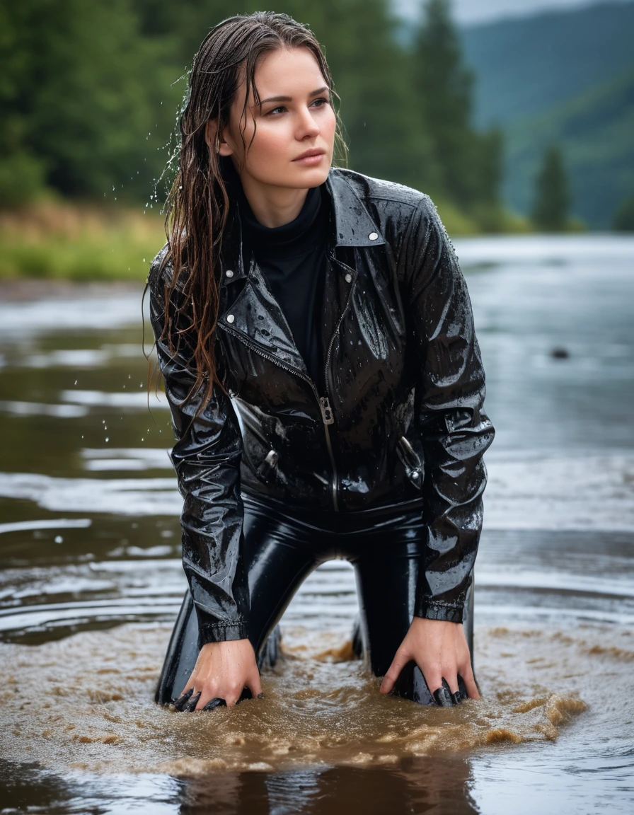 photo of young woman, in soaking wet, drenched clothes,
Muddy black leather knee-high high heeled boots, skin tight black leather jeans, black silk long sleeve polar neck shirt, black bikers leather jacket, Clear Mountain lake with heavy rain, super close up, 
enjoying, wet clothes stuck to body,
detailed textures of the wet clothes, wet face, wet plastered hair,
wet, drenched, professional, high-quality details, full body view.
sharp focus, ultra-high pixel detail, realistic, high-quality, full colors, incredibly detailed, 4k, 8k, 16k, hyper-realistic, RAW photo, masterpiece, ultra-detailed, professionally color graded, professional photograph, white woman, long dripping wet brown hair