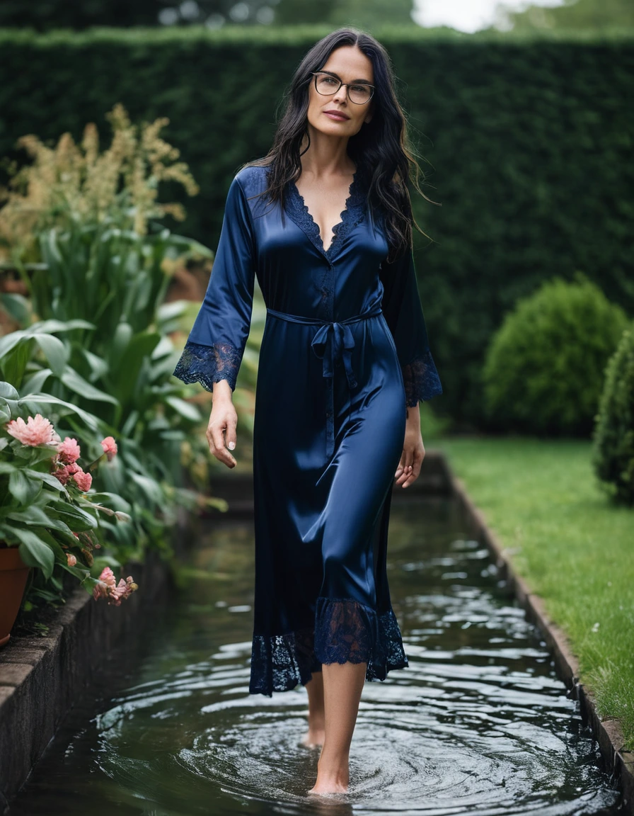 photo of young woman, in soaking wet, drenched clothes,
slippers, midi tight dark blue silk lace pijama dress, midi tight dark blue silk lace pijama dress, walking in garden, 
enjoying, wet clothes stuck to body,
detailed textures of the wet clothes, wet face, wet plastered hair,
wet, drenched, professional, high-quality details, full body view.
sharp focus, ultra-high pixel detail, realistic, high-quality, full colors, incredibly detailed, 4k, 8k, 16k, hyper-realistic, RAW photo, masterpiece, ultra-detailed, professionally color graded, professional photograph, woman 51 years old, long black hair, very big and thick lips, office glasses, complete body, open mouth