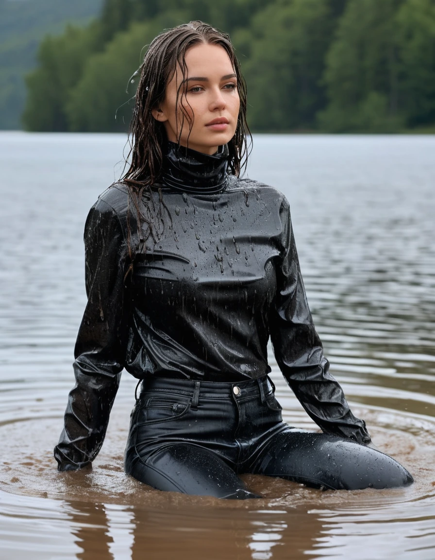 photo of young woman, in soaking wet, drenched clothes,
Muddy black leather knee-high high heeled boots, skin tight black leather jeans, black silk long sleeve polar neck shirt, Clear Mountain lake with heavy rain, laying submerged in the water, super close up, 
enjoying, wet clothes stuck to body,
detailed textures of the wet clothes, wet face, wet plastered hair,
wet, drenched, professional, high-quality details, full body view.
sharp focus, ultra-high pixel detail, realistic, high-quality, full colors, incredibly detailed, 4k, 8k, 16k, hyper-realistic, RAW photo, masterpiece, ultra-detailed, professionally color graded, professional photograph, white woman, long dripping wet brown hair