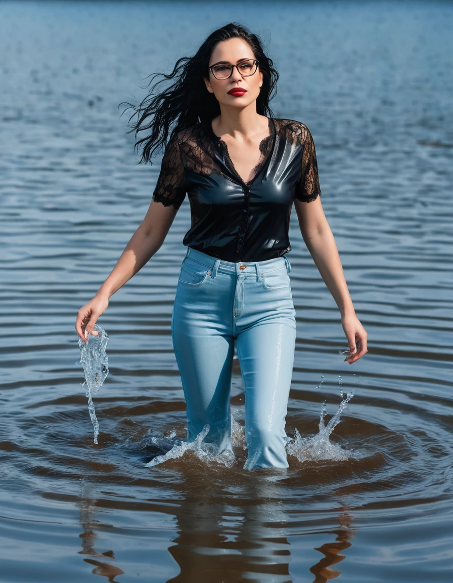 photo of young woman, in soaking wet, drenched clothes,
office shoes , long light blue leather jeans, black lace top with short sleeves, walking submerged in sunny deep lake, 
enjoying, wet clothes stuck to body,
detailed textures of the wet clothes, wet face, wet plastered hair,
wet, drenched, professional, high-quality details, full body view.
sharp focus, ultra-high pixel detail, realistic, high-quality, full colors, incredibly detailed, 4k, 8k, 16k, hyper-realistic, RAW photo, masterpiece, ultra-detailed, professionally color graded, professional photograph, woman 51 years old, long black hair, very big and thick lips, office glasses, complete body, open mouth