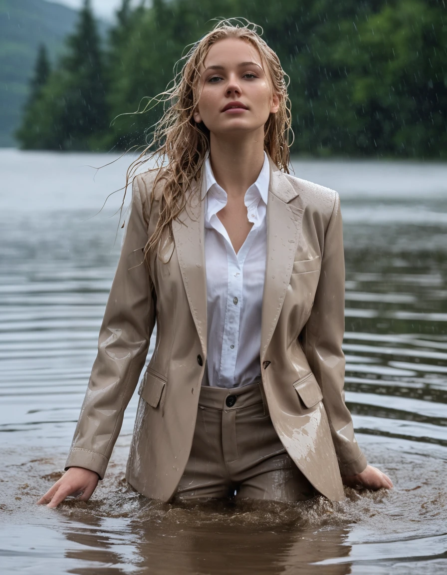 photo of young woman, in soaking wet, drenched clothes,
Beige Long Business Trouser, Beige Business Suit Jacket with white button down business shirt longsleeve, Clear Mountain lake with heavy rain, 
enjoying, wet clothes stuck to body,
detailed textures of the wet clothes, wet face, wet plastered hair,
wet, drenched, professional, high-quality details, full body view.
sharp focus, ultra-high pixel detail, realistic, high-quality, full colors, incredibly detailed, 4k, 8k, 16k, hyper-realistic, RAW photo, masterpiece, ultra-detailed, professionally color graded, professional photograph, young elegant beautiful white Blonde women, breast deep submerged, under a big rainshower, fully clothed, completely soaked, fully drenched, completely wet, wetlook, heavy rain, side parting, long hair, rain storm, looks confidently into camera, dry skin, dry clothes, dry fabric