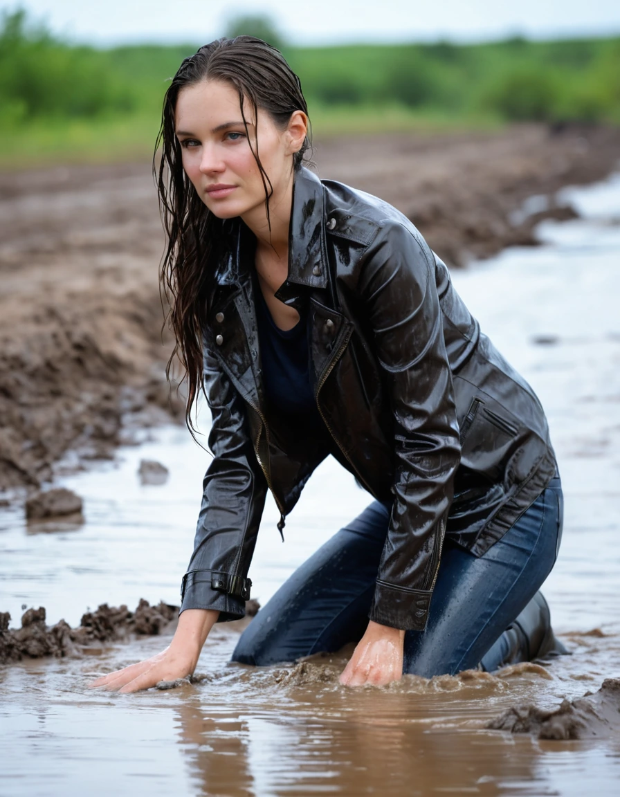 photo of young woman, in soaking wet, drenched clothes,
Muddy black leather knee-high high heeled boots, skin tight black leather jeans, black silk long sleeve leather shirt, black bikers leather jacket, black leather trench coat, lying in a mud river, water up to waist, very muddy shirts, super close up, 
enjoying, wet clothes stuck to body,
detailed textures of the wet clothes, wet face, wet plastered hair,
wet, drenched, professional, high-quality details, full body view.
sharp focus, ultra-high pixel detail, realistic, high-quality, full colors, incredibly detailed, 4k, 8k, 16k, hyper-realistic, RAW photo, masterpiece, ultra-detailed, professionally color graded, professional photograph, white woman, long dripping wet brown hair, dry skin, dry clothes, dry fabric, dry skin, dry clothes, dry fabric