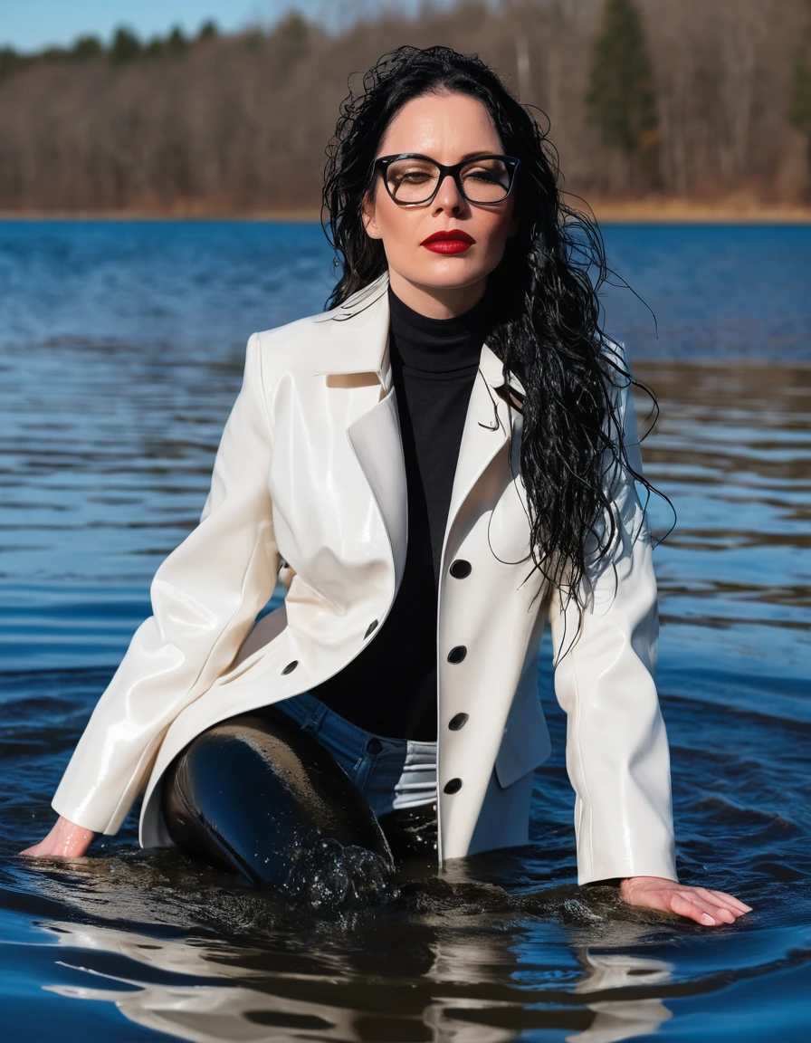 photo of young woman, in soaking wet, drenched clothes,
office shoes , long black latex jeans, maxi white winter coat, walking submerged in sunny deep lake, 
enjoying, wet clothes stuck to body,
detailed textures of the wet clothes, wet face, wet plastered hair,
wet, drenched, professional, high-quality details, full body view.
sharp focus, ultra-high pixel detail, realistic, high-quality, full colors, incredibly detailed, 4k, 8k, 16k, hyper-realistic, RAW photo, masterpiece, ultra-detailed, professionally color graded, professional photograph, woman 51 years old, long black hair, very big and thick lips, office glasses, complete body, open mouth