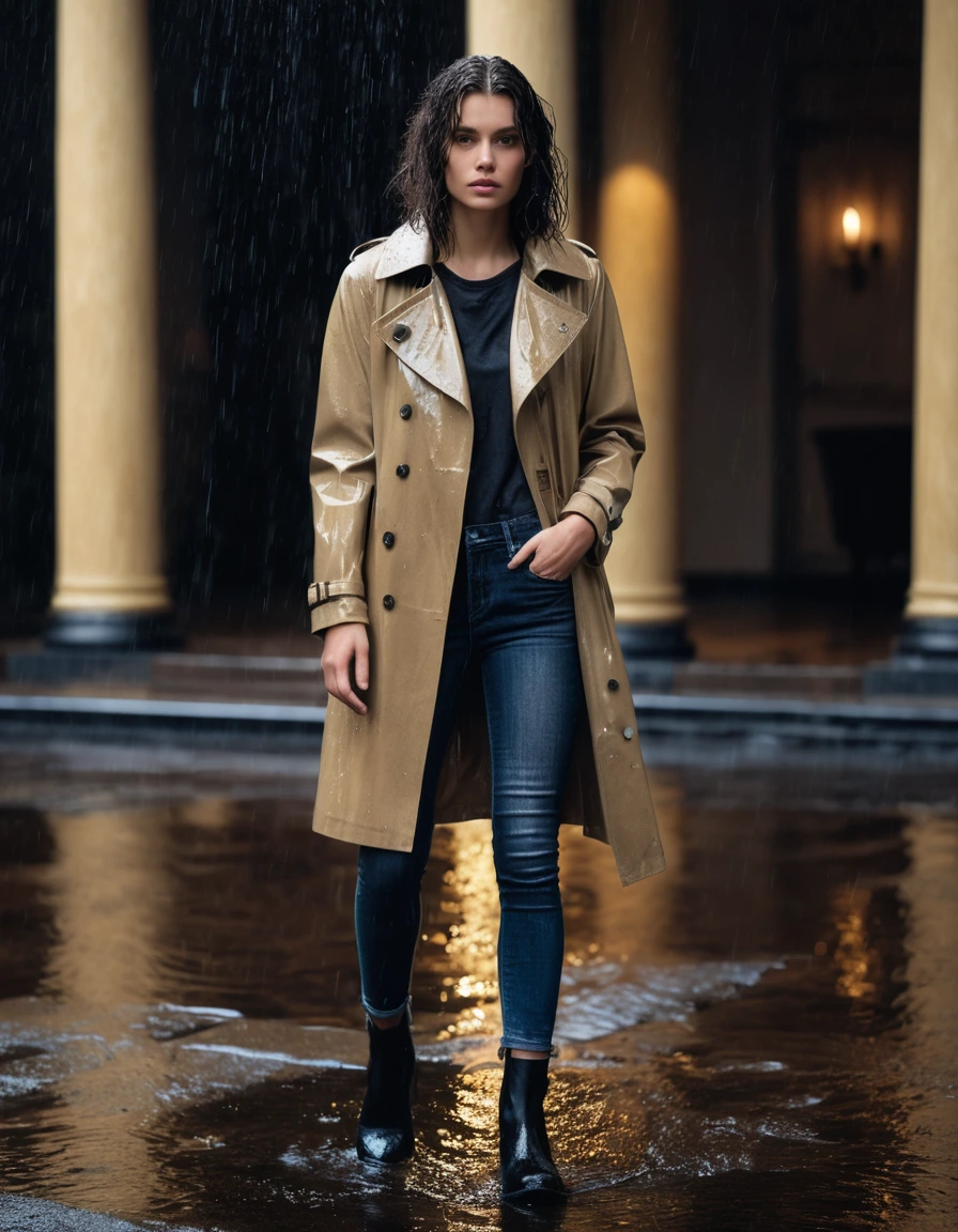 photo of young woman, in soaking wet, drenched clothes,
Black leather ankle boots, soaked and glistening, Dark wash skinny jeans, heavily saturated and clinging to skin, Oversized beige trench coat, dripping wet and darkened by rain, Upscale hotel driveway under warm golden portico lighting, 
enjoying, wet clothes stuck to body,
detailed textures of the wet clothes, wet face, wet plastered hair,
wet, drenched, professional, high-quality details, full body view.
sharp focus, ultra-high pixel detail, realistic, high-quality, full colors, incredibly detailed, 4k, 8k, 16k, hyper-realistic, RAW photo, masterpiece, ultra-detailed, professionally color graded, professional photograph, Cinematic atmosphere, torrential rain streaks, water pooling on asphalt, sharp reflections, high contrast, dramatic shadows, hyper-realistic wet fabric textures, 8k resolution., dry skin, dry clothes, dry fabric