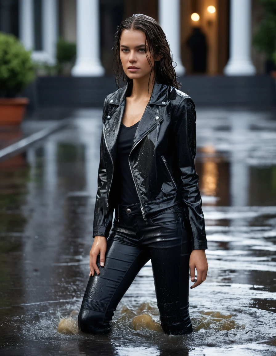 photo of young woman, in soaking wet, drenched clothes,
Black leather ankle boots, soaked and glistening, skin tight black leather jeans, saturated , black long sleeve leather shirt, black bikers leather jacket, Upscale hotel driveway under warm golden portico lighting, 
enjoying, wet clothes stuck to body,
detailed textures of the wet clothes, wet face, wet plastered hair,
wet, drenched, professional, high-quality details, full body view.
sharp focus, ultra-high pixel detail, realistic, high-quality, full colors, incredibly detailed, 4k, 8k, 16k, hyper-realistic, RAW photo, masterpiece, ultra-detailed, professionally color graded, professional photograph, Cinematic atmosphere, torrential rain streaks, water pooling on asphalt, sharp reflections, high contrast, dramatic shadows, hyper-realistic wet fabric textures, 8k resolution., dry skin, dry clothes, dry fabric