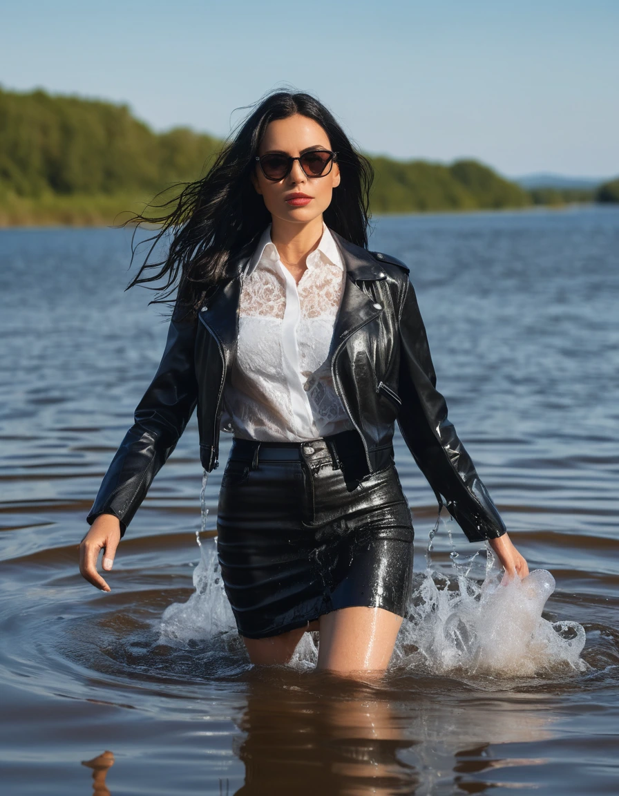 photo of young woman, in soaking wet, drenched clothes,
office shoes , mini black leather jeans skirt, white silk lace shirt, black biker leather jacket, walking submerged in sunny deep lake, 
enjoying, wet clothes stuck to body,
detailed textures of the wet clothes, wet face, wet plastered hair,
wet, drenched, professional, high-quality details, full body view.
sharp focus, ultra-high pixel detail, realistic, high-quality, full colors, incredibly detailed, 4k, 8k, 16k, hyper-realistic, RAW photo, masterpiece, ultra-detailed, professionally color graded, professional photograph, woman 51 years old, long black hair, very big and thick lips, office glasses, complete body, open mouth
