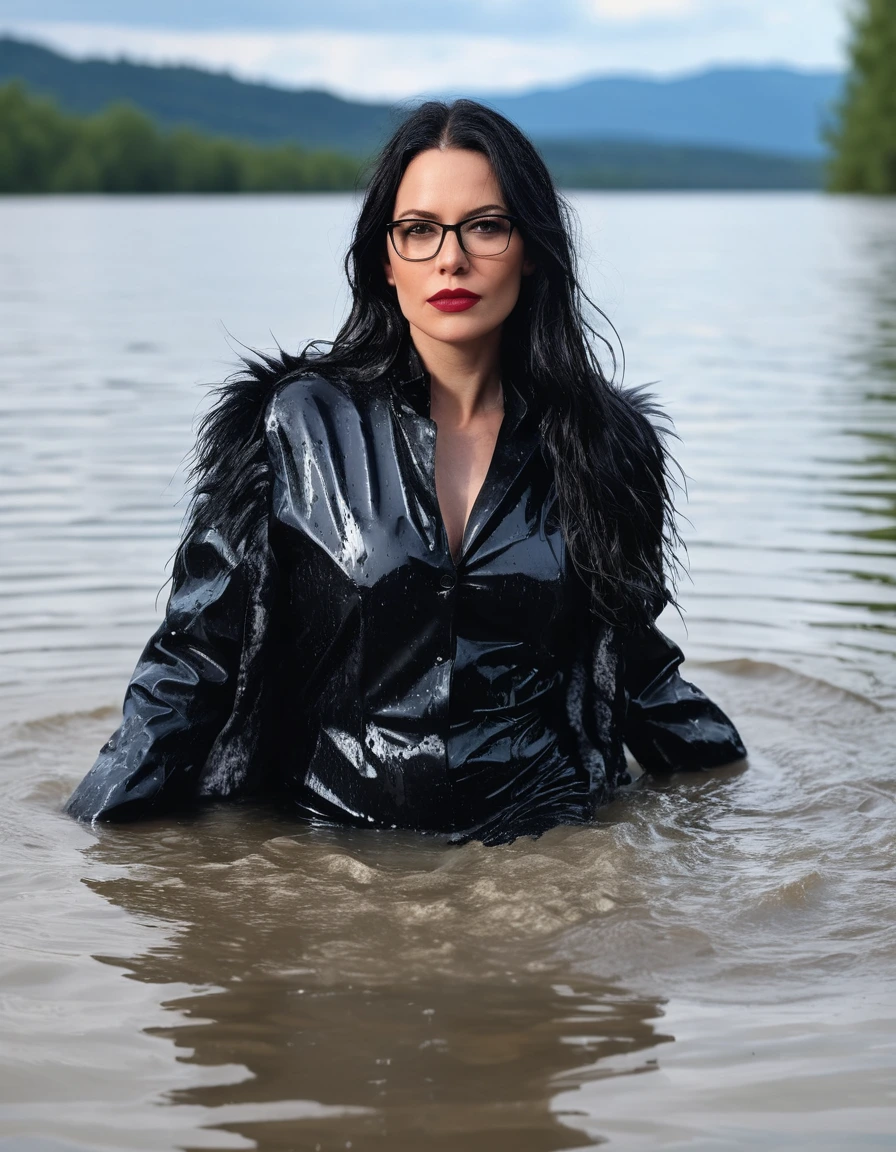 photo of young woman, in soaking wet, drenched clothes,
office shoes , long black latex jeans, maxi gray fur coat, walking submerged in sunny deep lake, 
enjoying, wet clothes stuck to body,
detailed textures of the wet clothes, wet face, wet plastered hair,
wet, drenched, professional, high-quality details, full body view.
sharp focus, ultra-high pixel detail, realistic, high-quality, full colors, incredibly detailed, 4k, 8k, 16k, hyper-realistic, RAW photo, masterpiece, ultra-detailed, professionally color graded, professional photograph, woman 51 years old, long black hair, very big and thick lips, office glasses, complete body, open mouth