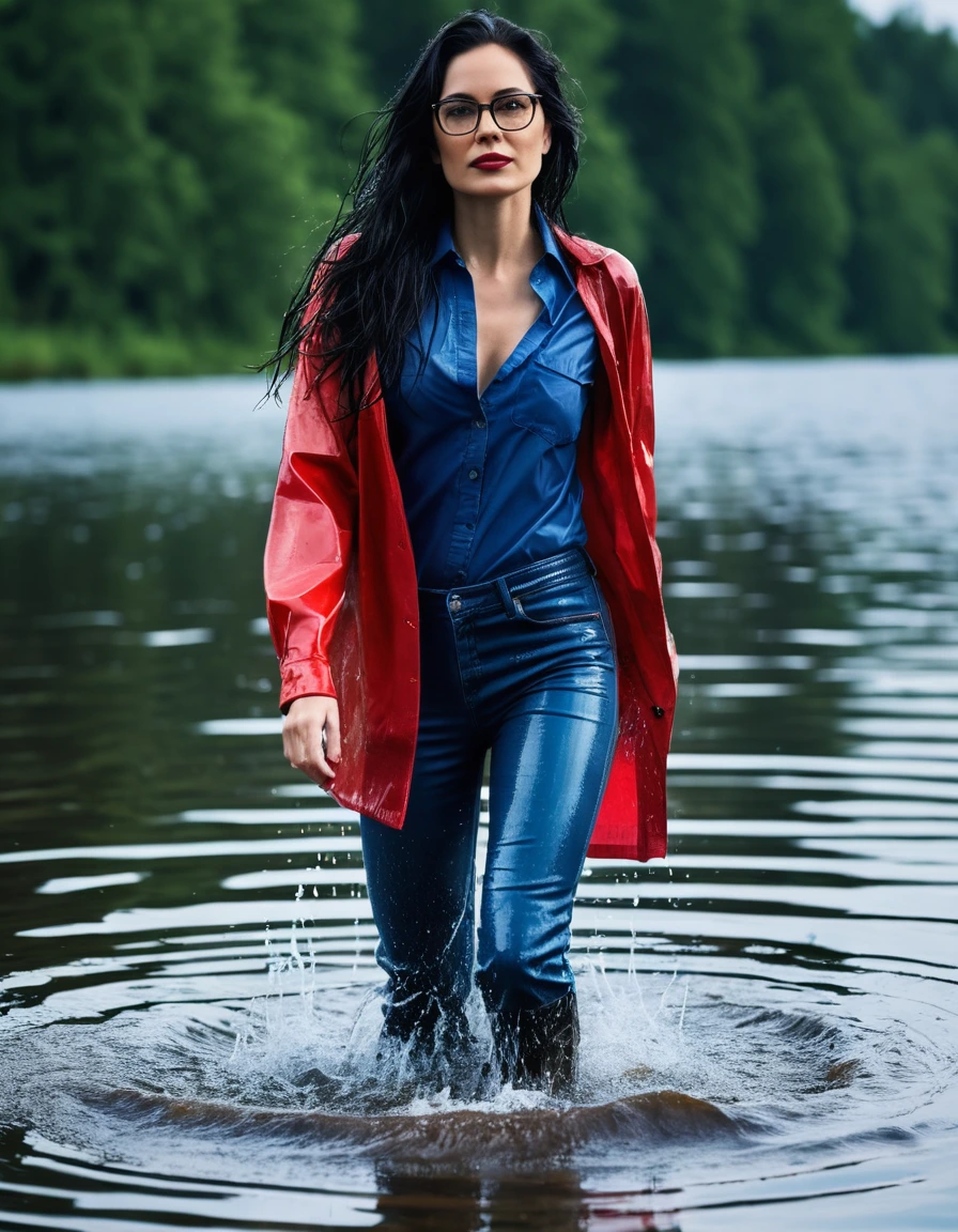 photo of young woman, in soaking wet, drenched clothes,
office shoes , long blue leather jeans, red jeans shirt with long sleeves, walking complete submerged in sunny deep lake, 
enjoying, wet clothes stuck to body,
detailed textures of the wet clothes, wet face, wet plastered hair,
wet, drenched, professional, high-quality details, full body view.
sharp focus, ultra-high pixel detail, realistic, high-quality, full colors, incredibly detailed, 4k, 8k, 16k, hyper-realistic, RAW photo, masterpiece, ultra-detailed, professionally color graded, professional photograph, woman 51 years old, long black hair, very big and thick lips, office glasses, complete body, open mouth