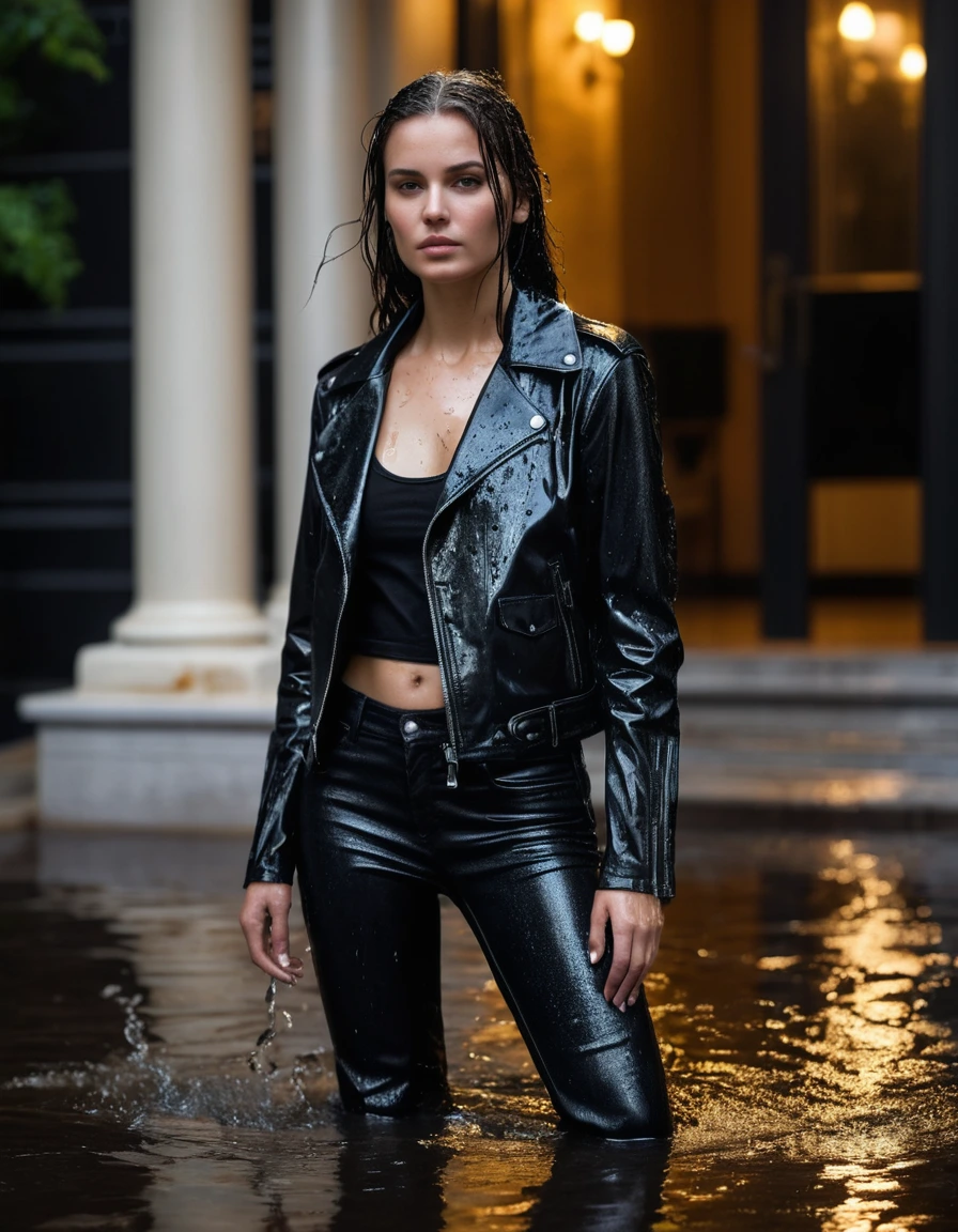 photo of young woman, in soaking wet, drenched clothes,
Black leather ankle boots, soaked and glistening, skin tight black leather jeans, saturated , black long sleeve leather shirt, black bikers leather jacket, Upscale hotel driveway under warm golden portico lighting, 
enjoying, wet clothes stuck to body,
detailed textures of the wet clothes, wet face, wet plastered hair,
wet, drenched, professional, high-quality details, full body view.
sharp focus, ultra-high pixel detail, realistic, high-quality, full colors, incredibly detailed, 4k, 8k, 16k, hyper-realistic, RAW photo, masterpiece, ultra-detailed, professionally color graded, professional photograph, Cinematic atmosphere, torrential rain streaks, water pooling on asphalt, sharp reflections, high contrast, dramatic shadows, hyper-realistic wet fabric textures, 8k resolution., dry skin, dry clothes, dry fabric