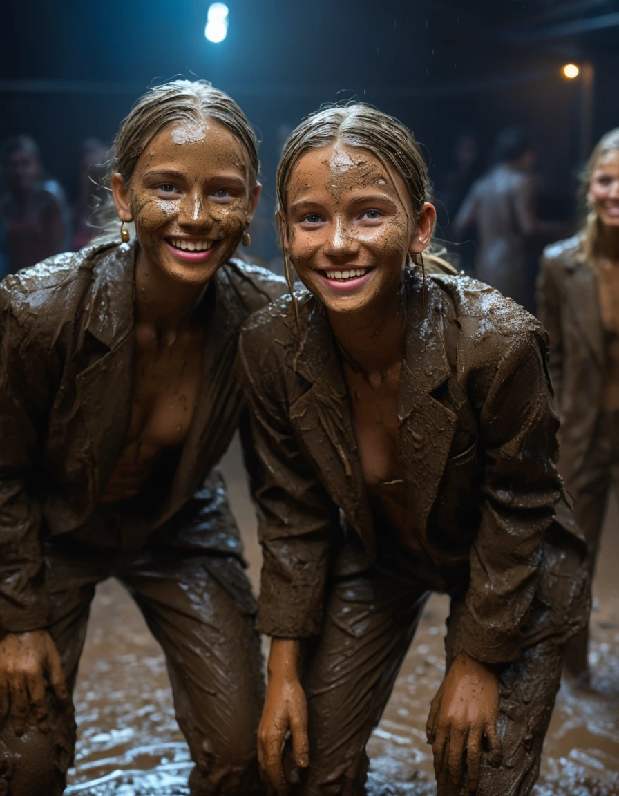 photo of young woman, in soaking wet, drenched clothes,
, Long tight very muddy suit pants, Full muddy ruined fully opened tight blazer like a fancy uniform over topless., Dark muddy indoor disco club at night. Deep mud on the floor, mud splashed walls, dripping mud from above, very dark mood lighting with pink and blue neon lights from above. Muddy chairs and sofas in the background. , 
enjoying, wet clothes stuck to body,
detailed textures of the wet clothes, wet face, wet plastered hair,
wet, drenched, professional, high-quality details, full body view.
sharp focus, ultra-high pixel detail, realistic, high-quality, full colors, incredibly detailed, 4k, 8k, 16k, hyper-realistic, RAW photo, masterpiece, ultra-detailed, professionally color graded, professional photograph, Three cute blonde 13 years old beautiful gleaming girls with childish appearance are wallowing together in the muddy pool after a full dip in it and holding a glass of juice in their hands during the crazy muddy indoor disco party at night and posing for a professional photo. They are proudly wearing their fully and heavily mud-covered suits. Every small details of the clothes are muddy, clean beautiful faces. Their blazer has the same colour as their muddy pants. The classy elegant disco club is totally destroyed by mud, mud spots everywhere, mud flows down on the walls, mud on the furnitures in the background. Straight muddy very long open wavy hairstyle, muddy hair, smiling childish and satisfied beautiful clean faces, blue eyes, earrings, lipstick. The girls are enjoying to being total muddy in the muddy pool while they are enjoying the muddy party. Photorealistic detailed smiling facial expressions. Full-body photo from front view, highly realistic representation, ultra sharp focus, highly photorealistic detailed textures, highly photorealistic detailed facial features and expressions, highly photorealistic hands, highly emotional reactions, highly best quality, highly sharp photorealistic image, highly photorealistic details, full UHD resolution, 32 K, very high level of detail and image sharpness, zoomed in