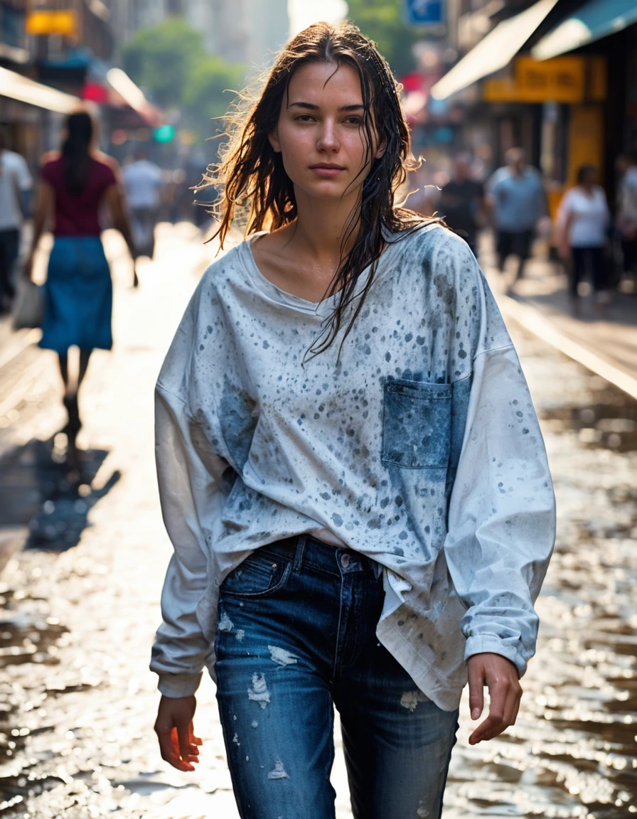 photo of young woman, in soaking wet, drenched clothes,
white leather sneakers soaked with dark water spots, faded blue leather jeans clinging tightly to skin, oversized white cotton t-shirt plastered to torso, bustling urban shopping street sidewalk, 
enjoying, wet clothes stuck to body,
detailed textures of the wet clothes, wet face, wet plastered hair,
wet, drenched, professional, high-quality details, full body view.
sharp focus, ultra-high pixel detail, realistic, high-quality, full colors, incredibly detailed, 4k, 8k, 16k, hyper-realistic, RAW photo, masterpiece, ultra-detailed, professionally color graded, professional photograph, candid paparazzi style, drenched clothing, fabric transparency, high-contrast sunlight, glistening skin, water droplets, realistic street photography, sharp focus, dry skin, dry clothes, dry fabric