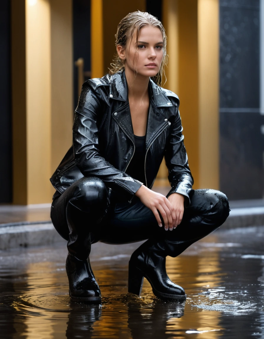 photo of young woman, in soaking wet, drenched clothes,
Black leather ankle boots, soaked and glistening, skin tight black leather jeans, saturated , black long sleeve leather shirt, black bikers leather jacket, Upscale hotel driveway under warm golden portico lighting, 
enjoying, wet clothes stuck to body,
detailed textures of the wet clothes, wet face, wet plastered hair,
wet, drenched, professional, high-quality details, full body view.
sharp focus, ultra-high pixel detail, realistic, high-quality, full colors, incredibly detailed, 4k, 8k, 16k, hyper-realistic, RAW photo, masterpiece, ultra-detailed, professionally color graded, professional photograph, Cinematic atmosphere, torrential rain streaks, water pooling on asphalt, sharp reflections, high contrast, dramatic shadows, hyper-realistic wet fabric textures, 8k resolution., dry skin, dry clothes, dry fabric