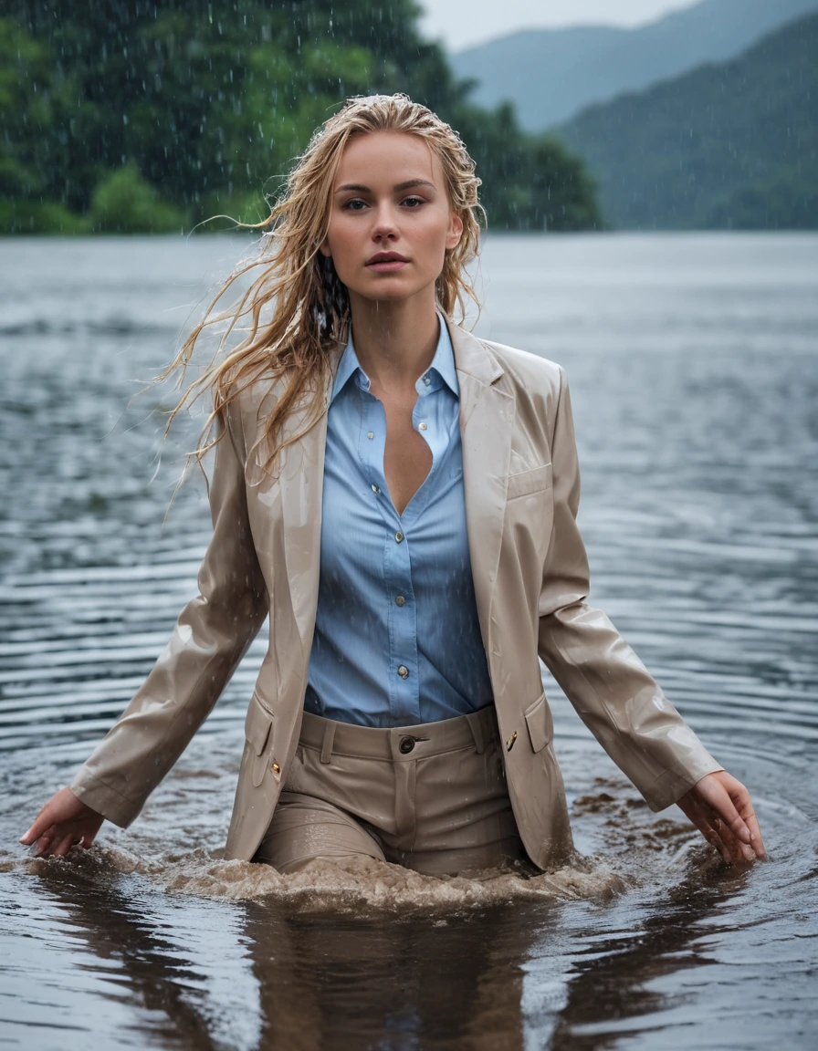 photo of young woman, in soaking wet, drenched clothes,
Beige Long Business Trouser, Beige Business Suit Jacket with light blue button down business shirt longsleeve, Clear Mountain lake with heavy rain, 
enjoying, wet clothes stuck to body,
detailed textures of the wet clothes, wet face, wet plastered hair,
wet, drenched, professional, high-quality details, full body view.
sharp focus, ultra-high pixel detail, realistic, high-quality, full colors, incredibly detailed, 4k, 8k, 16k, hyper-realistic, RAW photo, masterpiece, ultra-detailed, professionally color graded, professional photograph, young elegant beautiful white Blonde women, breast deep submerged, under a big rainshower, fully clothed, completely soaked, fully drenched, completely wet, wetlook, heavy rain, side parting, long hair, rain storm, looks confidently into camera, dry skin, dry clothes, dry fabric