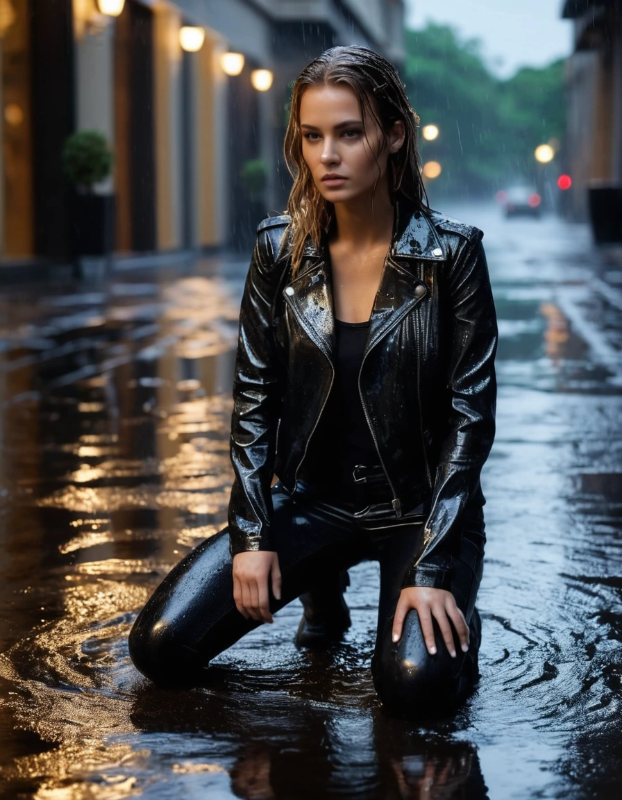 photo of young woman, in soaking wet, drenched clothes,
Black leather ankle boots, soaked and glistening, skin tight black leather jeans, saturated , black long sleeve leather shirt, black bikers leather jacket, Upscale hotel driveway under warm golden portico lighting, 
enjoying, wet clothes stuck to body,
detailed textures of the wet clothes, wet face, wet plastered hair,
wet, drenched, professional, high-quality details, full body view.
sharp focus, ultra-high pixel detail, realistic, high-quality, full colors, incredibly detailed, 4k, 8k, 16k, hyper-realistic, RAW photo, masterpiece, ultra-detailed, professionally color graded, professional photograph, Cinematic atmosphere, torrential rain streaks, water pooling on asphalt, sharp reflections, high contrast, dramatic shadows, hyper-realistic wet fabric textures, 8k resolution., dry skin, dry clothes, dry fabric