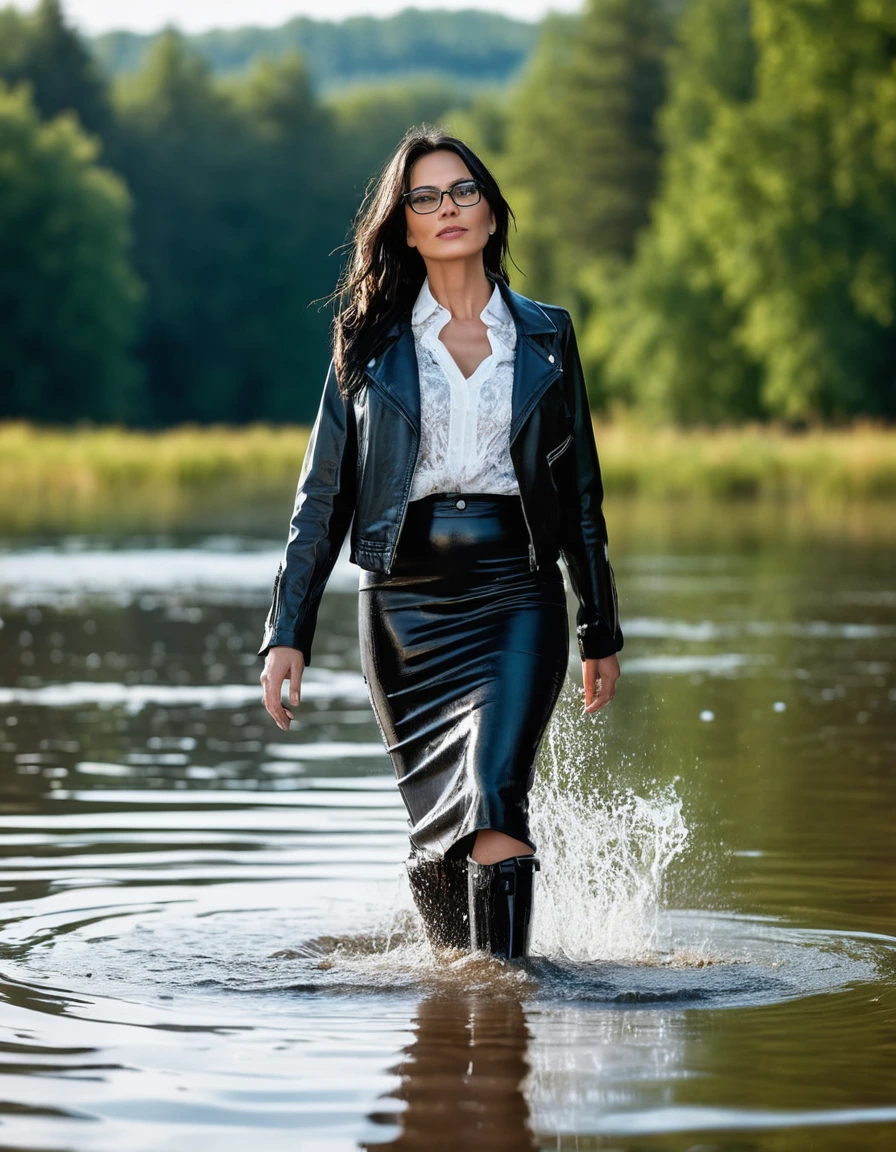 photo of young woman, in soaking wet, drenched clothes,
office shoes , midi black leather jeans skirt, white silk lace shirt, black biker leather jacket, walking submerged in sunny deep lake, 
enjoying, wet clothes stuck to body,
detailed textures of the wet clothes, wet face, wet plastered hair,
wet, drenched, professional, high-quality details, full body view.
sharp focus, ultra-high pixel detail, realistic, high-quality, full colors, incredibly detailed, 4k, 8k, 16k, hyper-realistic, RAW photo, masterpiece, ultra-detailed, professionally color graded, professional photograph, woman 51 years old, long black hair, very big and thick lips, office glasses, complete body, open mouth