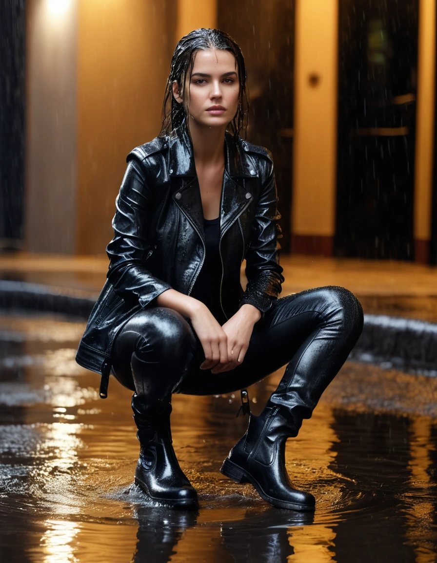 photo of young woman, in soaking wet, drenched clothes,
Black leather ankle boots, soaked and glistening, skin tight black leather jeans, saturated , black long sleeve leather shirt, black bikers leather jacket, Upscale hotel driveway under warm golden portico lighting, 
enjoying, wet clothes stuck to body,
detailed textures of the wet clothes, wet face, wet plastered hair,
wet, drenched, professional, high-quality details, full body view.
sharp focus, ultra-high pixel detail, realistic, high-quality, full colors, incredibly detailed, 4k, 8k, 16k, hyper-realistic, RAW photo, masterpiece, ultra-detailed, professionally color graded, professional photograph, Cinematic atmosphere, torrential rain streaks, water pooling on asphalt, sharp reflections, high contrast, dramatic shadows, hyper-realistic wet fabric textures, 8k resolution., dry skin, dry clothes, dry fabric