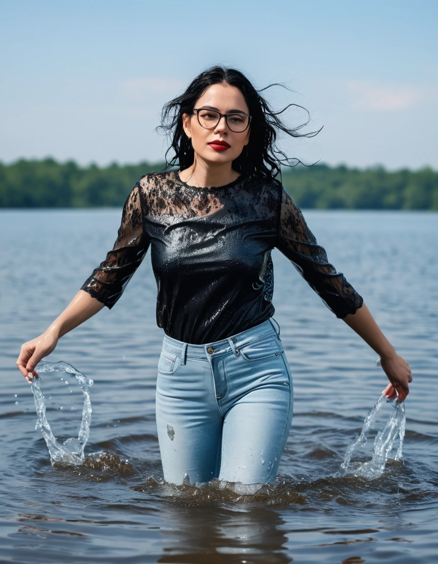 photo of young woman, in soaking wet, drenched clothes,
office shoes , long light blue leather jeans, black lace top with short sleeves, walking submerged in sunny deep lake, 
enjoying, wet clothes stuck to body,
detailed textures of the wet clothes, wet face, wet plastered hair,
wet, drenched, professional, high-quality details, full body view.
sharp focus, ultra-high pixel detail, realistic, high-quality, full colors, incredibly detailed, 4k, 8k, 16k, hyper-realistic, RAW photo, masterpiece, ultra-detailed, professionally color graded, professional photograph, woman 51 years old, long black hair, very big and thick lips, office glasses, complete body, open mouth