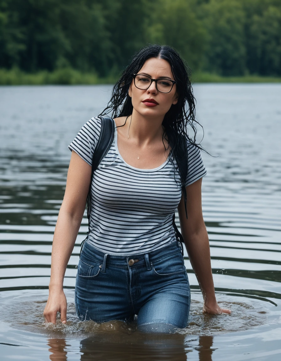 photo of young woman, in soaking wet, drenched clothes,
office shoes , long blue leather jeans, black and white striped tank top with short sleeves, walking submerged in sunny deep lake, 
enjoying, wet clothes stuck to body,
detailed textures of the wet clothes, wet face, wet plastered hair,
wet, drenched, professional, high-quality details, full body view.
sharp focus, ultra-high pixel detail, realistic, high-quality, full colors, incredibly detailed, 4k, 8k, 16k, hyper-realistic, RAW photo, masterpiece, ultra-detailed, professionally color graded, professional photograph, woman 51 years old, long black hair, very big and thick lips, office glasses, complete body, open mouth