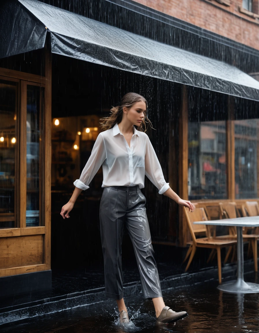 photo of young woman, in soaking wet, drenched clothes,
water-slicked beige leather loafers, clinging charcoal gray tailored ankle trousers, saturated with water, sheer white button-down shirt drenched by rain, translucent fabric clinging to skin, outdoor cafe frontage under a decorative metal awning, 
enjoying, wet clothes stuck to body,
detailed textures of the wet clothes, wet face, wet plastered hair,
wet, drenched, professional, high-quality details, full body view.
sharp focus, ultra-high pixel detail, realistic, high-quality, full colors, incredibly detailed, 4k, 8k, 16k, hyper-realistic, RAW photo, masterpiece, ultra-detailed, professionally color graded, professional photograph, editorial fashion photography, heavy rainfall visible, water droplets beading on surfaces, cinematic moody lighting, dramatic fabric cling, realistic texture, 8k resolution, dry skin, dry clothes, dry fabric
