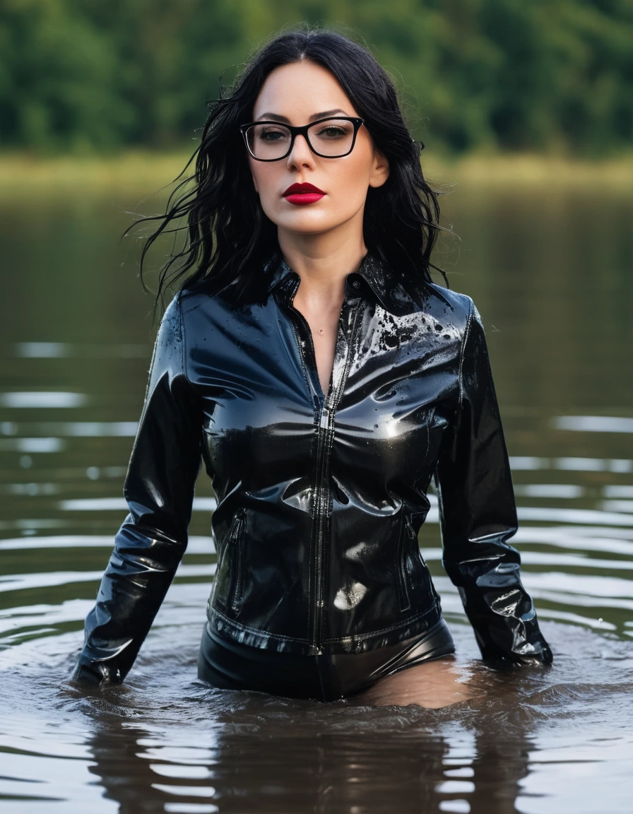 photo of young woman, in soaking wet, drenched clothes,
office shoes , long black latex jeans, black silk lace shirt, black biker latex jacket, walking submerged in sunny deep lake, 
enjoying, wet clothes stuck to body,
detailed textures of the wet clothes, wet face, wet plastered hair,
wet, drenched, professional, high-quality details, full body view.
sharp focus, ultra-high pixel detail, realistic, high-quality, full colors, incredibly detailed, 4k, 8k, 16k, hyper-realistic, RAW photo, masterpiece, ultra-detailed, professionally color graded, professional photograph, woman 51 years old, long black hair, very big and thick lips, office glasses, complete body, open mouth