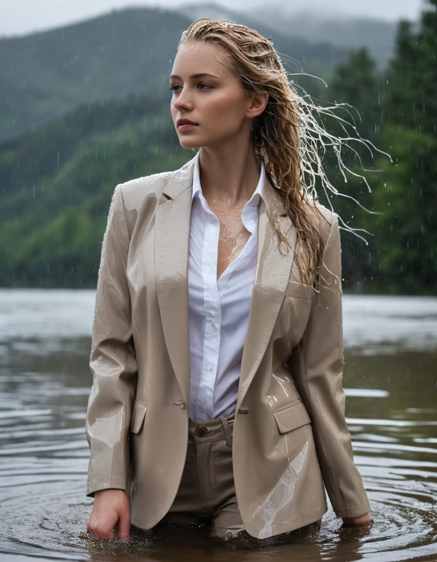 photo of young woman, in soaking wet, drenched clothes,
Beige Long Business Trouser, Beige Business Suit Jacket with white button down business shirt longsleeve, Clear Mountain lake with heavy rain, 
enjoying, wet clothes stuck to body,
detailed textures of the wet clothes, wet face, wet plastered hair,
wet, drenched, professional, high-quality details, full body view.
sharp focus, ultra-high pixel detail, realistic, high-quality, full colors, incredibly detailed, 4k, 8k, 16k, hyper-realistic, RAW photo, masterpiece, ultra-detailed, professionally color graded, professional photograph, young elegant beautiful white Blonde women, breast deep submerged, under a big rainshower, fully clothed, completely soaked, fully drenched, completely wet, wetlook, heavy rain, side parting, long hair, rain storm, looks confidently into camera, dry skin, dry clothes, dry fabric