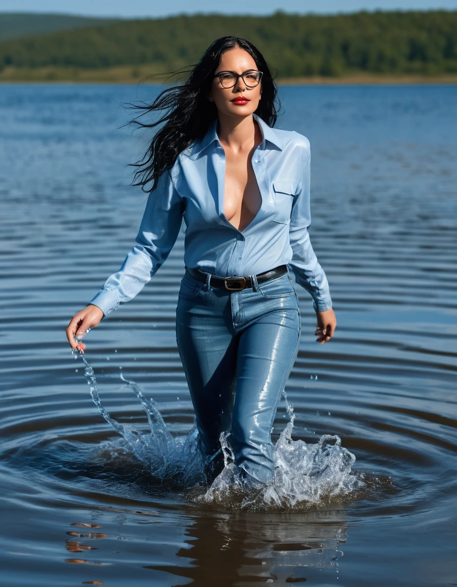photo of young woman, in soaking wet, drenched clothes,
office shoes , long light blue leather jeans, blue jeans shirt with long sleeves, walking submerged in sunny deep lake, 
enjoying, wet clothes stuck to body,
detailed textures of the wet clothes, wet face, wet plastered hair,
wet, drenched, professional, high-quality details, full body view.
sharp focus, ultra-high pixel detail, realistic, high-quality, full colors, incredibly detailed, 4k, 8k, 16k, hyper-realistic, RAW photo, masterpiece, ultra-detailed, professionally color graded, professional photograph, woman 51 years old, long black hair, very big and thick lips, office glasses, complete body, open mouth