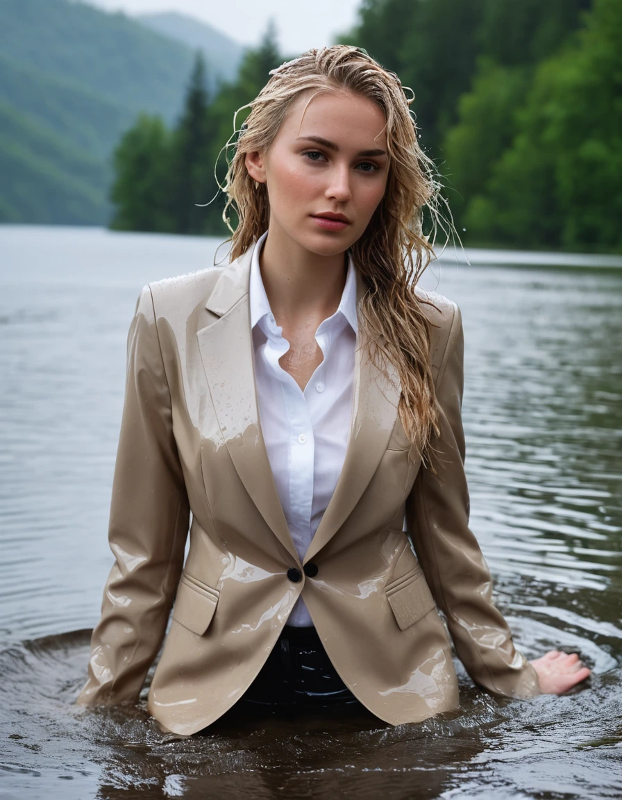 photo of young woman, in soaking wet, drenched clothes,
Beige Long Business Trouser, Beige Business Suit Jacket with white button down business shirt longsleeve, Clear Mountain lake with heavy rain, 
enjoying, wet clothes stuck to body,
detailed textures of the wet clothes, wet face, wet plastered hair,
wet, drenched, professional, high-quality details, full body view.
sharp focus, ultra-high pixel detail, realistic, high-quality, full colors, incredibly detailed, 4k, 8k, 16k, hyper-realistic, RAW photo, masterpiece, ultra-detailed, professionally color graded, professional photograph, young elegant beautiful white Blonde women, breast deep submerged, under a big rainshower, fully clothed, completely soaked, fully drenched, completely wet, wetlook, heavy rain, side parting, long hair, rain storm, looks confidently into camera, dry skin, dry clothes, dry fabric