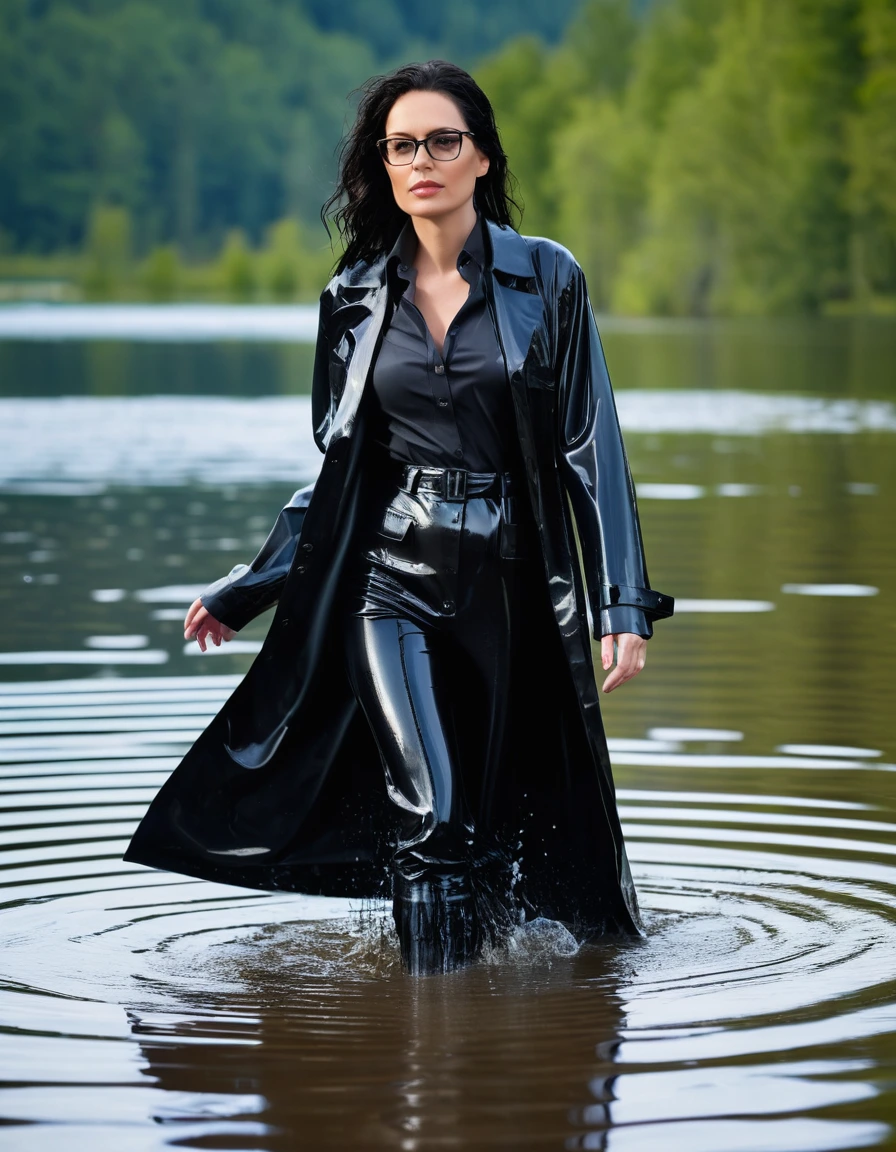 photo of young woman, in soaking wet, drenched clothes,
office shoes , long black latex jeans, maxi latex black trenchcoat, walking submerged in sunny deep lake, 
enjoying, wet clothes stuck to body,
detailed textures of the wet clothes, wet face, wet plastered hair,
wet, drenched, professional, high-quality details, full body view.
sharp focus, ultra-high pixel detail, realistic, high-quality, full colors, incredibly detailed, 4k, 8k, 16k, hyper-realistic, RAW photo, masterpiece, ultra-detailed, professionally color graded, professional photograph, woman 51 years old, long black hair, very big and thick lips, office glasses, complete body, open mouth
