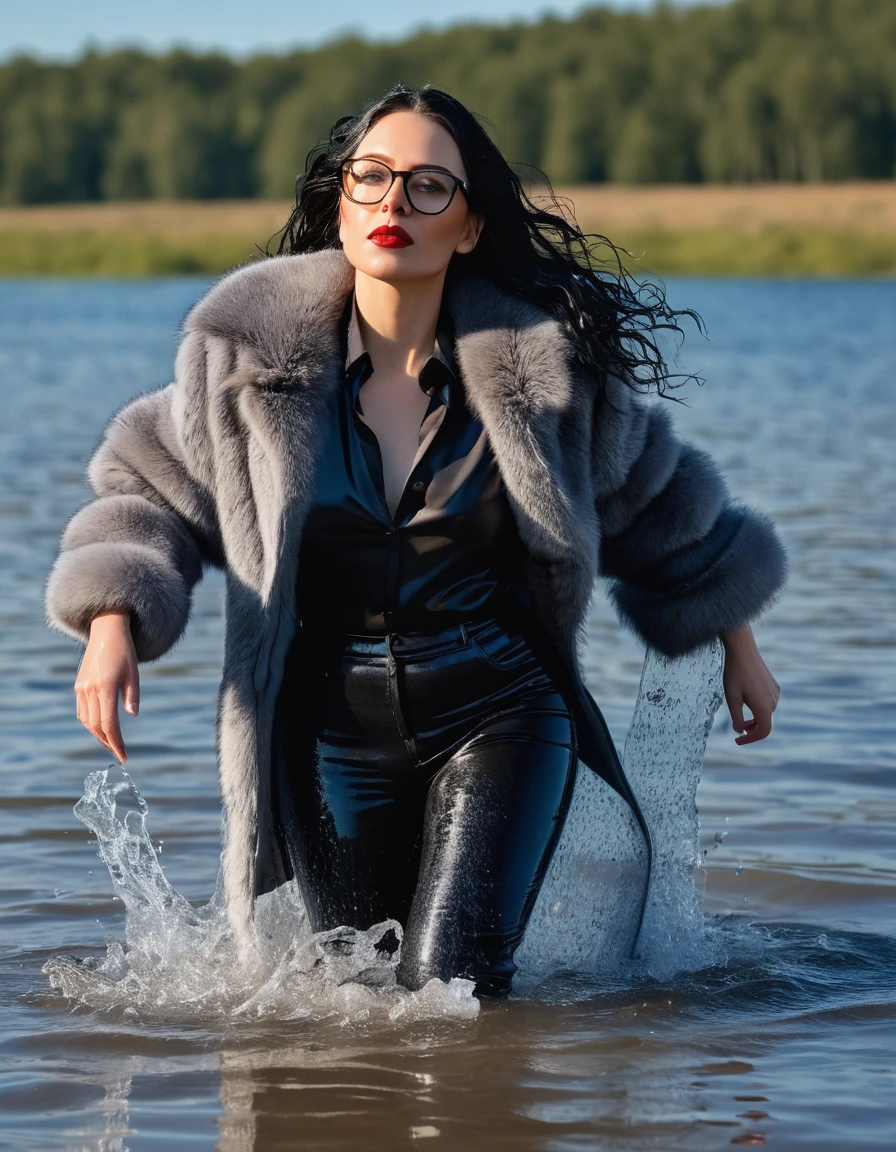 photo of young woman, in soaking wet, drenched clothes,
office shoes , long black latex jeans, maxi gray fur coat, walking submerged in sunny deep lake, 
enjoying, wet clothes stuck to body,
detailed textures of the wet clothes, wet face, wet plastered hair,
wet, drenched, professional, high-quality details, full body view.
sharp focus, ultra-high pixel detail, realistic, high-quality, full colors, incredibly detailed, 4k, 8k, 16k, hyper-realistic, RAW photo, masterpiece, ultra-detailed, professionally color graded, professional photograph, woman 51 years old, long black hair, very big and thick lips, office glasses, complete body, open mouth