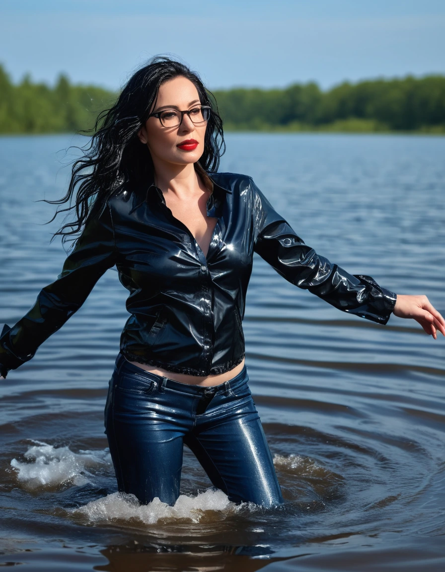 photo of young woman, in soaking wet, drenched clothes,
office shoes , long blue latex jeans, black silk lace shirt, black biker latex jacket, walking submerged in sunny deep lake, 
enjoying, wet clothes stuck to body,
detailed textures of the wet clothes, wet face, wet plastered hair,
wet, drenched, professional, high-quality details, full body view.
sharp focus, ultra-high pixel detail, realistic, high-quality, full colors, incredibly detailed, 4k, 8k, 16k, hyper-realistic, RAW photo, masterpiece, ultra-detailed, professionally color graded, professional photograph, woman 51 years old, long black hair, very big and thick lips, office glasses, complete body, open mouth