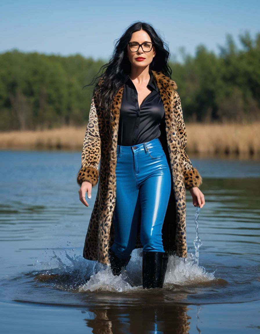 photo of young woman, in soaking wet, drenched clothes,
office shoes , long blue latex jeans, black silk lace shirt, maxi leopard printed fur coat, walking submerged in sunny deep lake, 
enjoying, wet clothes stuck to body,
detailed textures of the wet clothes, wet face, wet plastered hair,
wet, drenched, professional, high-quality details, full body view.
sharp focus, ultra-high pixel detail, realistic, high-quality, full colors, incredibly detailed, 4k, 8k, 16k, hyper-realistic, RAW photo, masterpiece, ultra-detailed, professionally color graded, professional photograph, woman 51 years old, long black hair, very big and thick lips, office glasses, complete body, open mouth