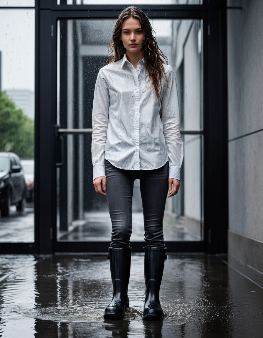 photo of young woman, in soaking wet, drenched clothes,
black rubber rain boots, water puddles inside, charcoal grey skinny jeans, heavily saturated and clinging to skin, white button-down shirt, soaked through, translucent fabric cling, glass lobby entrance of an office building, concrete steps, heavy rain, 
enjoying, wet clothes stuck to body,
detailed textures of the wet clothes, wet face, wet plastered hair,
wet, drenched, professional, high-quality details, full body view.
sharp focus, ultra-high pixel detail, realistic, high-quality, full colors, incredibly detailed, 4k, 8k, 16k, hyper-realistic, RAW photo, masterpiece, ultra-detailed, professionally color graded, professional photograph, heavy downpour, wind-blown rain streaks, dramatic chiaroscuro lighting, cinematic street photography, hyper-realistic water droplets, fabric texture detail, 85mm lens, dry skin, dry clothes, dry fabric