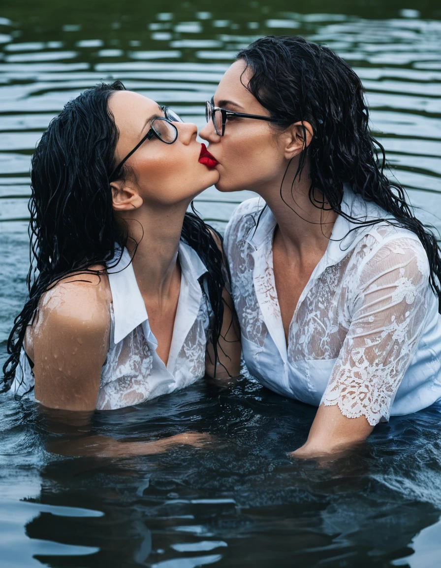photo of young woman, in soaking wet, drenched clothes,
office shoes , long blue leather jeans, white lace top with short sleeves, two women kissing submerged in sunny deep lake, 
enjoying, wet clothes stuck to body,
detailed textures of the wet clothes, wet face, wet plastered hair,
wet, drenched, professional, high-quality details, full body view.
sharp focus, ultra-high pixel detail, realistic, high-quality, full colors, incredibly detailed, 4k, 8k, 16k, hyper-realistic, RAW photo, masterpiece, ultra-detailed, professionally color graded, professional photograph, woman 51 years old, long black hair, very big and thick lips, office glasses, complete body, open mouth