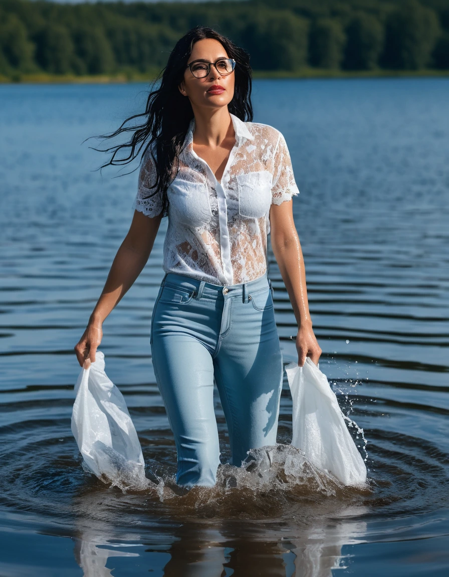 photo of young woman, in soaking wet, drenched clothes,
office shoes , long light blue leather jeans, white lace top with short sleeves, walking submerged in sunny deep lake, 
enjoying, wet clothes stuck to body,
detailed textures of the wet clothes, wet face, wet plastered hair,
wet, drenched, professional, high-quality details, full body view.
sharp focus, ultra-high pixel detail, realistic, high-quality, full colors, incredibly detailed, 4k, 8k, 16k, hyper-realistic, RAW photo, masterpiece, ultra-detailed, professionally color graded, professional photograph, woman 51 years old, long black hair, very big and thick lips, office glasses, complete body, open mouth