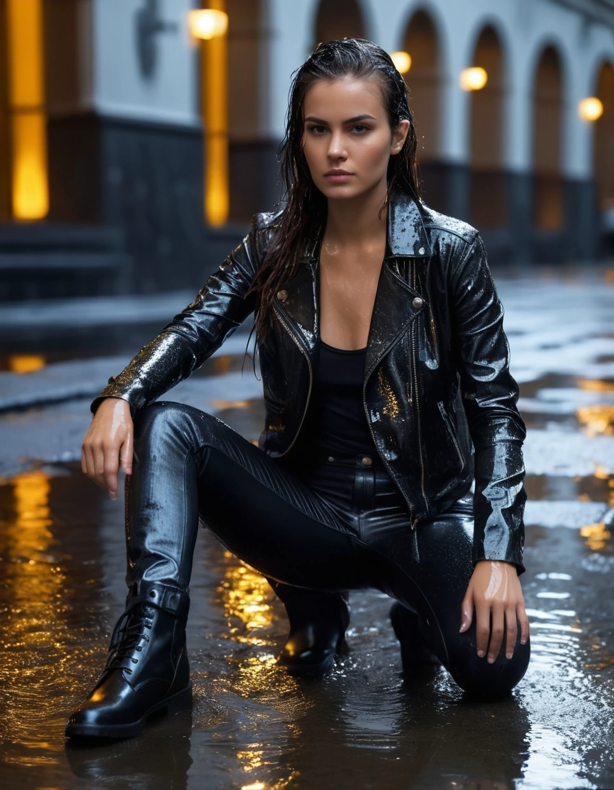 photo of young woman, in soaking wet, drenched clothes,
Black leather ankle boots, soaked and glistening, skin tight black leather jeans, saturated , black long sleeve leather shirt, black bikers leather jacket, Upscale hotel driveway under warm golden portico lighting, 
enjoying, wet clothes stuck to body,
detailed textures of the wet clothes, wet face, wet plastered hair,
wet, drenched, professional, high-quality details, full body view.
sharp focus, ultra-high pixel detail, realistic, high-quality, full colors, incredibly detailed, 4k, 8k, 16k, hyper-realistic, RAW photo, masterpiece, ultra-detailed, professionally color graded, professional photograph, Cinematic atmosphere, torrential rain streaks, water pooling on asphalt, sharp reflections, high contrast, dramatic shadows, hyper-realistic wet fabric textures, 8k resolution., dry skin, dry clothes, dry fabric