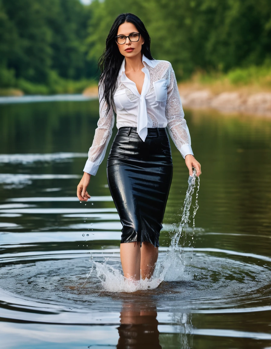 photo of young woman, in soaking wet, drenched clothes,
office shoes , midi black leather jeans skirt, white silk lace shirt, black biker leather jacket, walking submerged in sunny deep lake, 
enjoying, wet clothes stuck to body,
detailed textures of the wet clothes, wet face, wet plastered hair,
wet, drenched, professional, high-quality details, full body view.
sharp focus, ultra-high pixel detail, realistic, high-quality, full colors, incredibly detailed, 4k, 8k, 16k, hyper-realistic, RAW photo, masterpiece, ultra-detailed, professionally color graded, professional photograph, woman 51 years old, long black hair, very big and thick lips, office glasses, complete body, open mouth