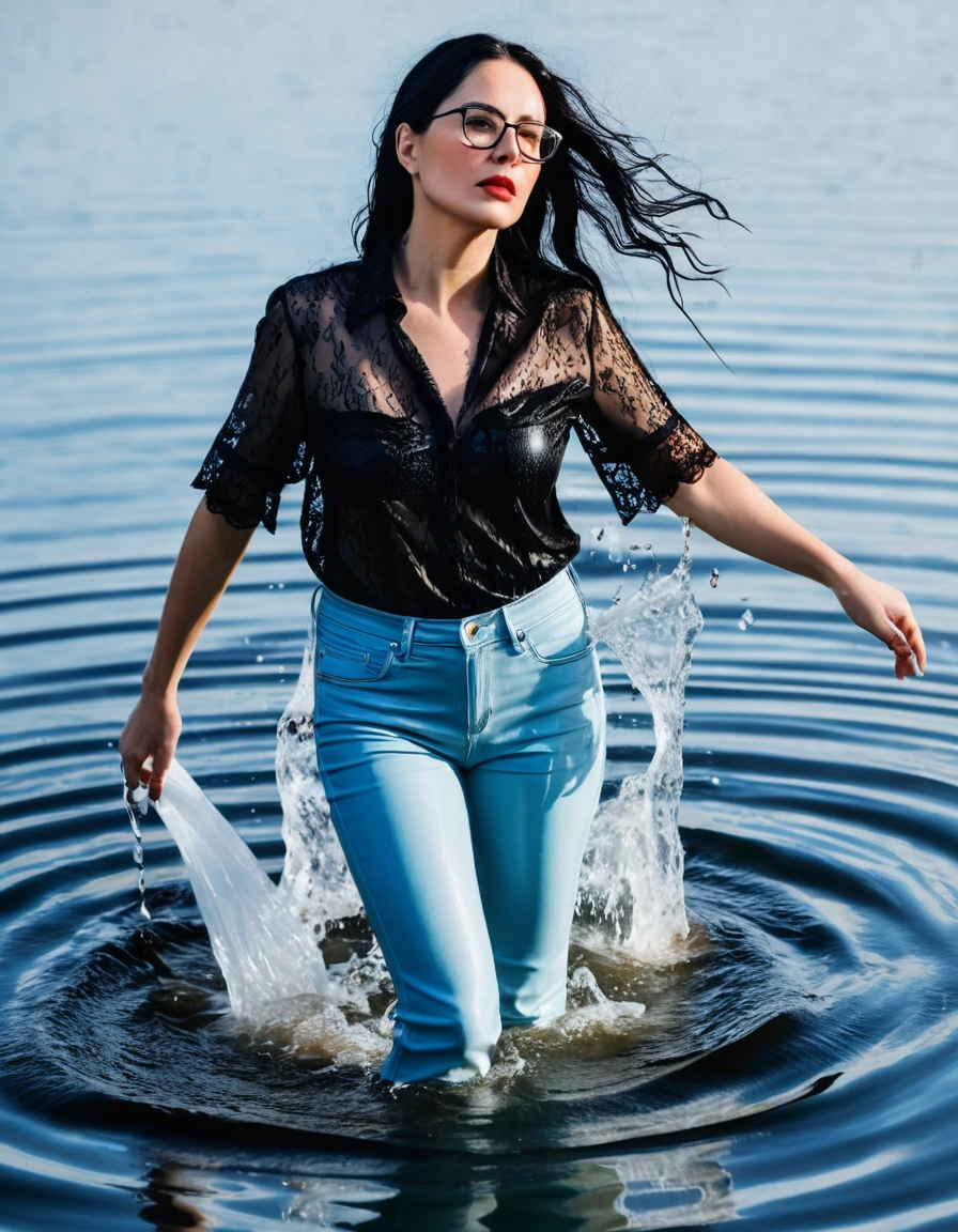 photo of young woman, in soaking wet, drenched clothes,
office shoes , long light blue leather jeans, black lace top with short sleeves, walking submerged in sunny deep lake, 
enjoying, wet clothes stuck to body,
detailed textures of the wet clothes, wet face, wet plastered hair,
wet, drenched, professional, high-quality details, full body view.
sharp focus, ultra-high pixel detail, realistic, high-quality, full colors, incredibly detailed, 4k, 8k, 16k, hyper-realistic, RAW photo, masterpiece, ultra-detailed, professionally color graded, professional photograph, woman 51 years old, long black hair, very big and thick lips, office glasses, complete body, open mouth