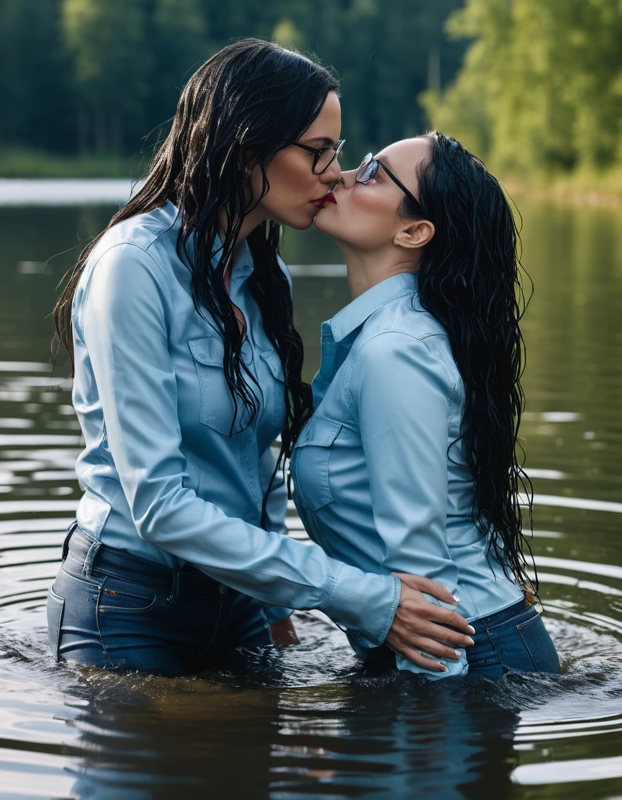 photo of young woman, in soaking wet, drenched clothes,
office shoes , long light blue leather jeans, light blue jeans shirt with long sleeves, two women kissing submerged in sunny deep lake, 
enjoying, wet clothes stuck to body,
detailed textures of the wet clothes, wet face, wet plastered hair,
wet, drenched, professional, high-quality details, full body view.
sharp focus, ultra-high pixel detail, realistic, high-quality, full colors, incredibly detailed, 4k, 8k, 16k, hyper-realistic, RAW photo, masterpiece, ultra-detailed, professionally color graded, professional photograph, woman 51 years old, long black hair, very big and thick lips, office glasses, complete body, open mouth