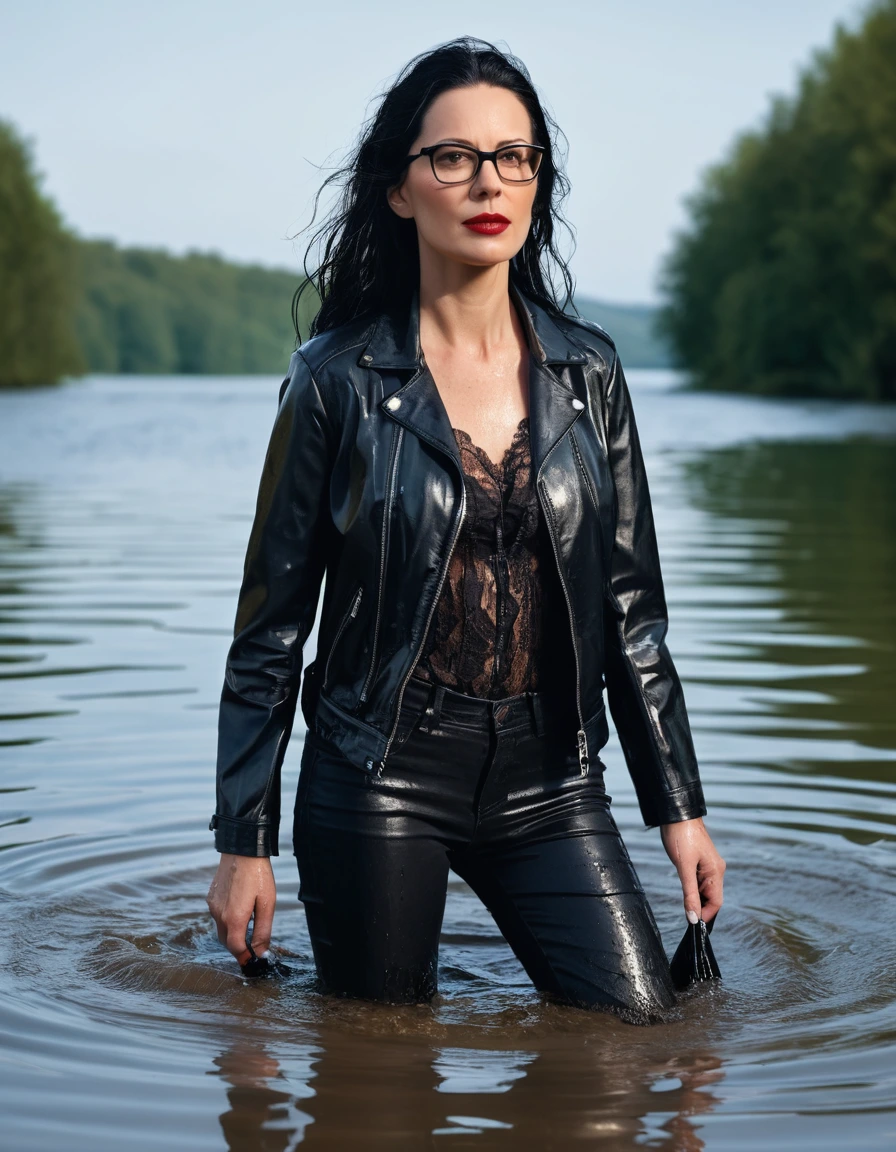 photo of young woman, in soaking wet, drenched clothes,
office shoes , long black leather jeans, black silk lace shirt, black biker leather jacket, walking submerged in sunny deep lake, 
enjoying, wet clothes stuck to body,
detailed textures of the wet clothes, wet face, wet plastered hair,
wet, drenched, professional, high-quality details, full body view.
sharp focus, ultra-high pixel detail, realistic, high-quality, full colors, incredibly detailed, 4k, 8k, 16k, hyper-realistic, RAW photo, masterpiece, ultra-detailed, professionally color graded, professional photograph, woman 51 years old, long black hair, very big and thick lips, office glasses, complete body, open mouth