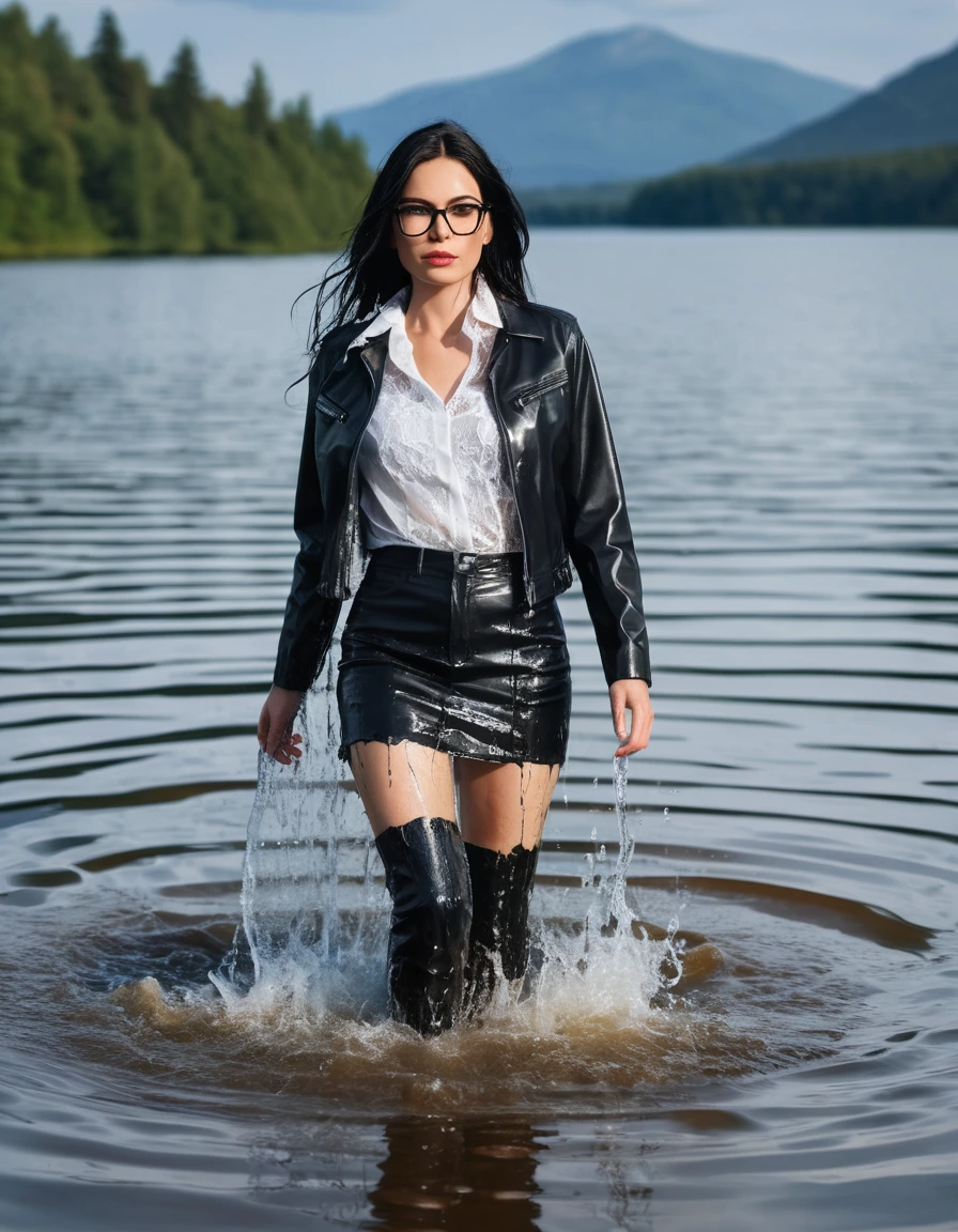photo of young woman, in soaking wet, drenched clothes,
office shoes , mini black leather jeans skirt, white silk lace shirt, black biker leather jacket, walking submerged in sunny deep lake, 
enjoying, wet clothes stuck to body,
detailed textures of the wet clothes, wet face, wet plastered hair,
wet, drenched, professional, high-quality details, full body view.
sharp focus, ultra-high pixel detail, realistic, high-quality, full colors, incredibly detailed, 4k, 8k, 16k, hyper-realistic, RAW photo, masterpiece, ultra-detailed, professionally color graded, professional photograph, woman 51 years old, long black hair, very big and thick lips, office glasses, complete body, open mouth