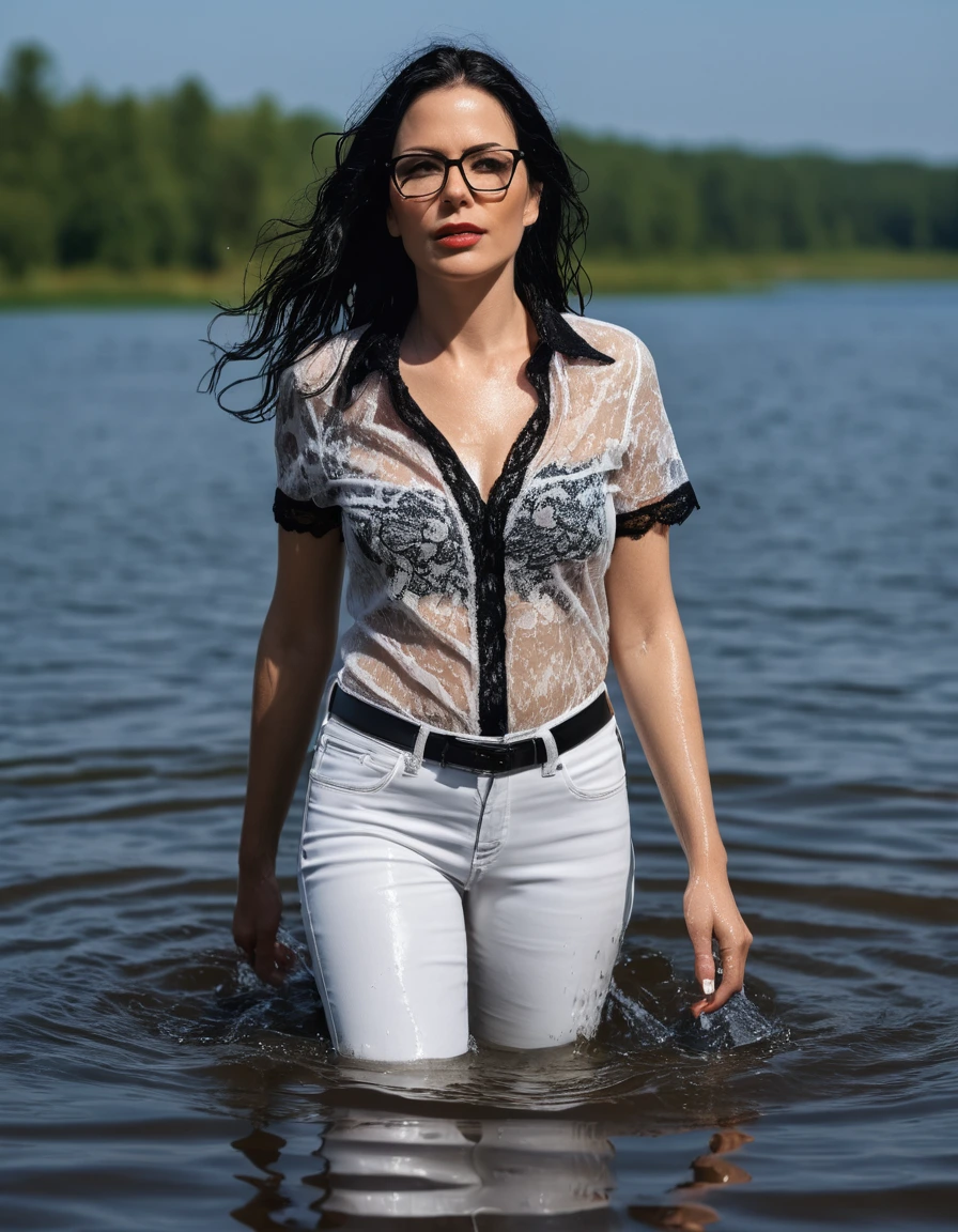 photo of young woman, in soaking wet, drenched clothes,
office shoes , long white leather jeans, black lace top with short sleeves, walking submerged in sunny deep lake, 
enjoying, wet clothes stuck to body,
detailed textures of the wet clothes, wet face, wet plastered hair,
wet, drenched, professional, high-quality details, full body view.
sharp focus, ultra-high pixel detail, realistic, high-quality, full colors, incredibly detailed, 4k, 8k, 16k, hyper-realistic, RAW photo, masterpiece, ultra-detailed, professionally color graded, professional photograph, woman 51 years old, long black hair, very big and thick lips, office glasses, complete body, open mouth