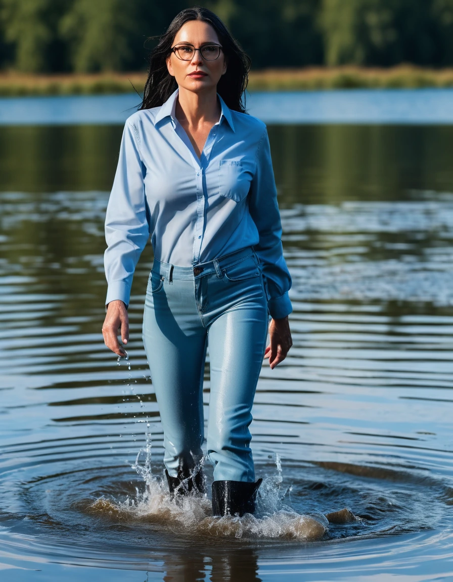 photo of young woman, in soaking wet, drenched clothes,
office shoes , long light blue leather jeans, light blue jeans shirt with long sleeves, walking complete submerged in sunny deep lake, 
enjoying, wet clothes stuck to body,
detailed textures of the wet clothes, wet face, wet plastered hair,
wet, drenched, professional, high-quality details, full body view.
sharp focus, ultra-high pixel detail, realistic, high-quality, full colors, incredibly detailed, 4k, 8k, 16k, hyper-realistic, RAW photo, masterpiece, ultra-detailed, professionally color graded, professional photograph, woman 51 years old, long black hair, very big and thick lips, office glasses, complete body, open mouth