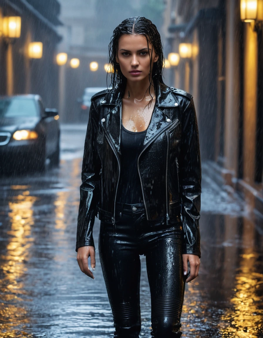 photo of young woman, in soaking wet, drenched clothes,
Black leather ankle boots, soaked and glistening, skin tight black leather jeans, saturated , black long sleeve leather shirt, black bikers leather jacket, Upscale hotel driveway under warm golden portico lighting, 
enjoying, wet clothes stuck to body,
detailed textures of the wet clothes, wet face, wet plastered hair,
wet, drenched, professional, high-quality details, full body view.
sharp focus, ultra-high pixel detail, realistic, high-quality, full colors, incredibly detailed, 4k, 8k, 16k, hyper-realistic, RAW photo, masterpiece, ultra-detailed, professionally color graded, professional photograph, Cinematic atmosphere, torrential rain streaks, water pooling on asphalt, sharp reflections, high contrast, dramatic shadows, hyper-realistic wet fabric textures, 8k resolution., dry skin, dry clothes, dry fabric