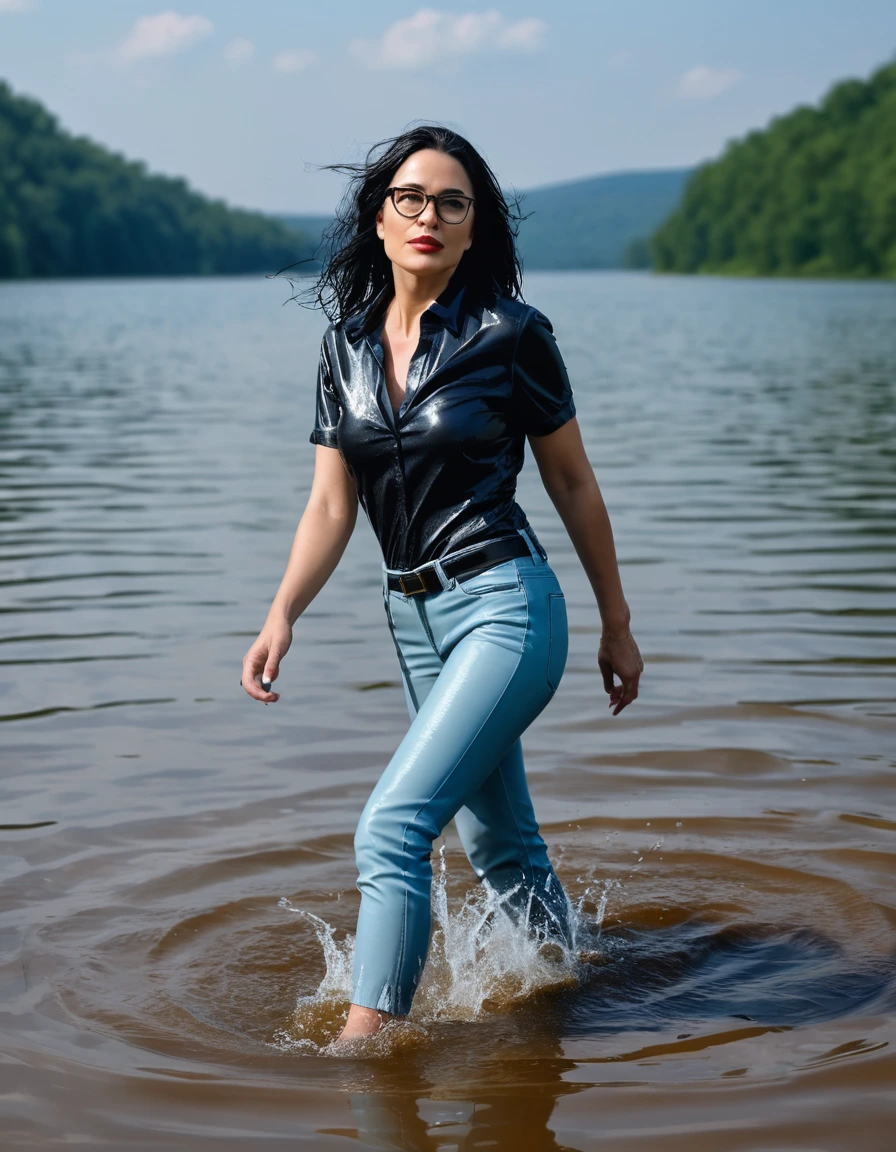 photo of young woman, in soaking wet, drenched clothes,
office shoes , long light blue leather jeans, black top with short sleeves, walking submerged in sunny deep lake, 
enjoying, wet clothes stuck to body,
detailed textures of the wet clothes, wet face, wet plastered hair,
wet, drenched, professional, high-quality details, full body view.
sharp focus, ultra-high pixel detail, realistic, high-quality, full colors, incredibly detailed, 4k, 8k, 16k, hyper-realistic, RAW photo, masterpiece, ultra-detailed, professionally color graded, professional photograph, woman 51 years old, long black hair, very big and thick lips, office glasses, complete body, open mouth