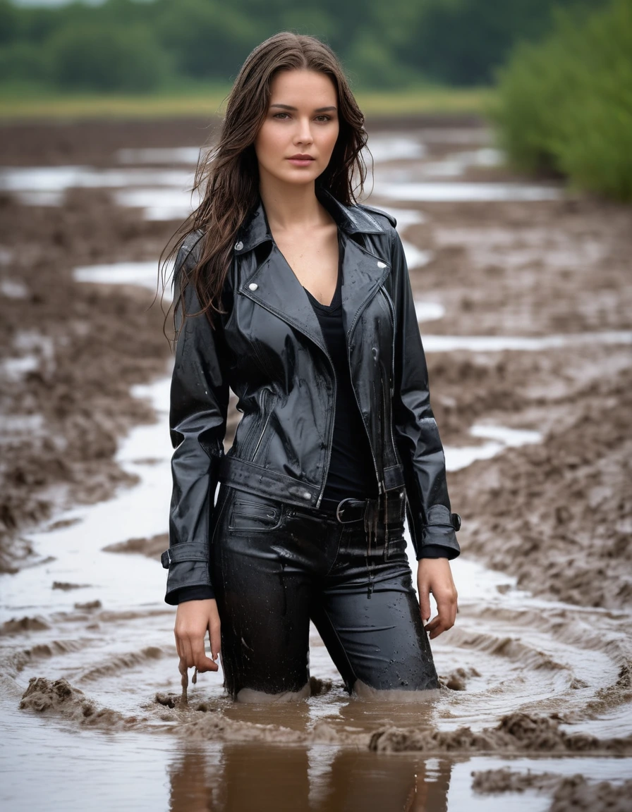 photo of young woman, in soaking wet, drenched clothes,
Muddy black leather knee-high high heeled boots, skin tight black leather jeans, black silk long sleeve leather shirt, black bikers leather jacket, black leather trench coat, lying in a mud river, water up to waist, very muddy shirts, super close up, 
enjoying, wet clothes stuck to body,
detailed textures of the wet clothes, wet face, wet plastered hair,
wet, drenched, professional, high-quality details, full body view.
sharp focus, ultra-high pixel detail, realistic, high-quality, full colors, incredibly detailed, 4k, 8k, 16k, hyper-realistic, RAW photo, masterpiece, ultra-detailed, professionally color graded, professional photograph, white woman, long dripping wet brown hair, dry skin, dry clothes, dry fabric