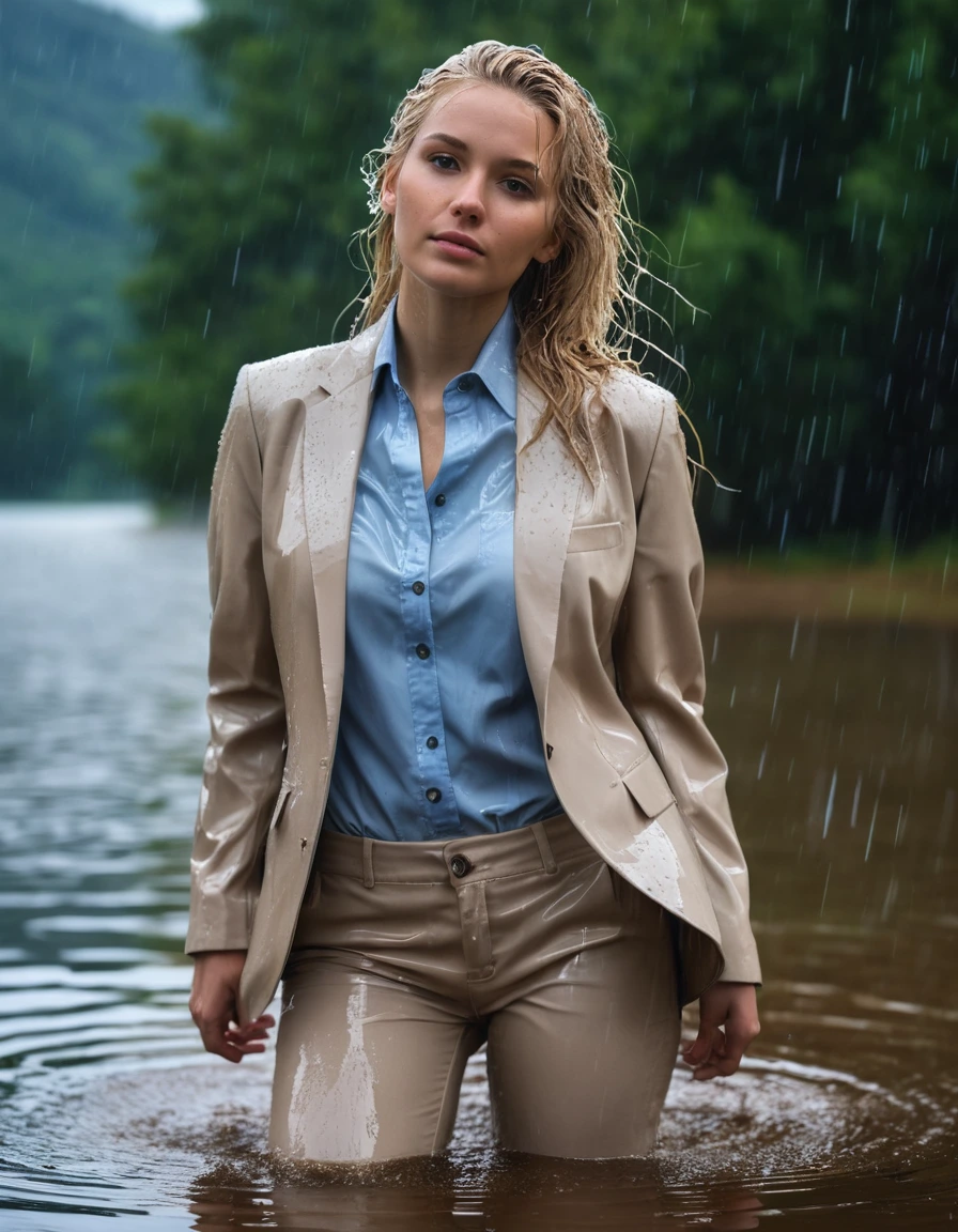 photo of young woman, in soaking wet, drenched clothes,
Beige Long Business Trouser, Beige Business Suit Jacket with light blue button down business shirt longsleeve, Clear Mountain lake with heavy rain, 
enjoying, wet clothes stuck to body,
detailed textures of the wet clothes, wet face, wet plastered hair,
wet, drenched, professional, high-quality details, full body view.
sharp focus, ultra-high pixel detail, realistic, high-quality, full colors, incredibly detailed, 4k, 8k, 16k, hyper-realistic, RAW photo, masterpiece, ultra-detailed, professionally color graded, professional photograph, young elegant beautiful white Blonde women, breast deep submerged, under a big rainshower, fully clothed, completely soaked, fully drenched, completely wet, wetlook, heavy rain, side parting, long hair, rain storm, looks confidently into camera, dry skin, dry clothes, dry fabric
