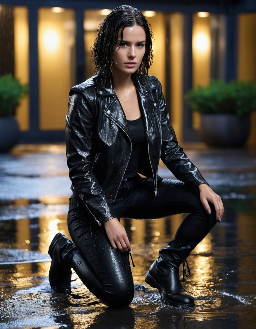photo of young woman, in soaking wet, drenched clothes,
Black leather ankle boots, soaked and glistening, skin tight black leather jeans, saturated , black long sleeve leather shirt, black bikers leather jacket, Upscale hotel driveway under warm golden portico lighting, 
enjoying, wet clothes stuck to body,
detailed textures of the wet clothes, wet face, wet plastered hair,
wet, drenched, professional, high-quality details, full body view.
sharp focus, ultra-high pixel detail, realistic, high-quality, full colors, incredibly detailed, 4k, 8k, 16k, hyper-realistic, RAW photo, masterpiece, ultra-detailed, professionally color graded, professional photograph, Cinematic atmosphere, torrential rain streaks, water pooling on asphalt, sharp reflections, high contrast, dramatic shadows, hyper-realistic wet fabric textures, 8k resolution., dry skin, dry clothes, dry fabric