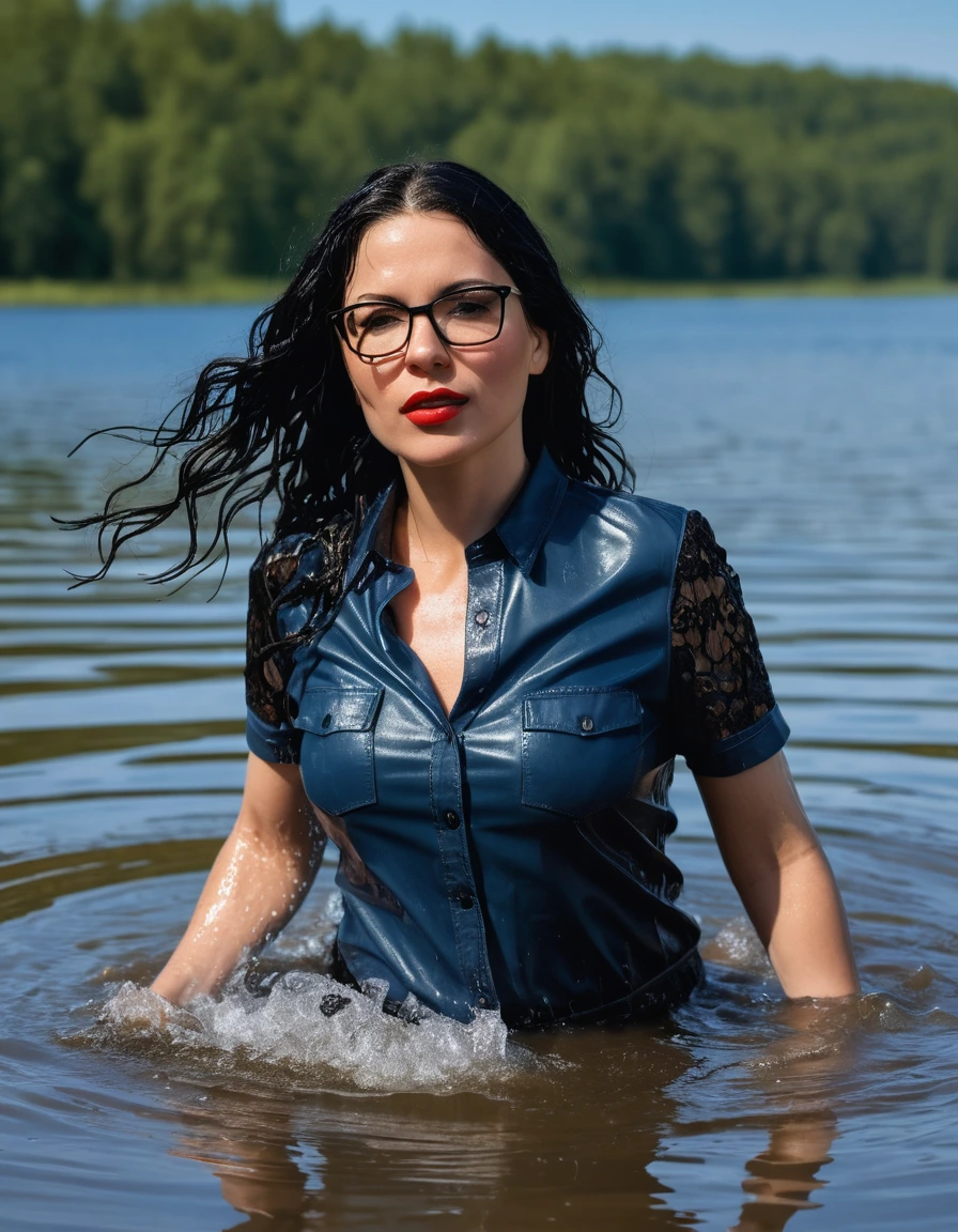 photo of young woman, in soaking wet, drenched clothes,
office shoes , long blue leather jeans, black lace top with short sleeves, walking submerged in sunny deep lake, 
enjoying, wet clothes stuck to body,
detailed textures of the wet clothes, wet face, wet plastered hair,
wet, drenched, professional, high-quality details, full body view.
sharp focus, ultra-high pixel detail, realistic, high-quality, full colors, incredibly detailed, 4k, 8k, 16k, hyper-realistic, RAW photo, masterpiece, ultra-detailed, professionally color graded, professional photograph, woman 51 years old, long black hair, very big and thick lips, office glasses, complete body, open mouth