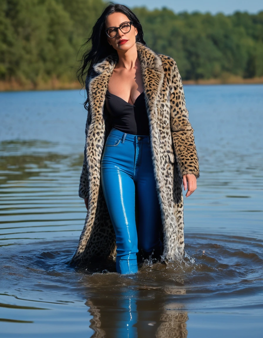 photo of young woman, in soaking wet, drenched clothes,
office shoes , long blue latex jeans, maxi leopard printed fur gray coat, walking submerged in sunny deep lake, 
enjoying, wet clothes stuck to body,
detailed textures of the wet clothes, wet face, wet plastered hair,
wet, drenched, professional, high-quality details, full body view.
sharp focus, ultra-high pixel detail, realistic, high-quality, full colors, incredibly detailed, 4k, 8k, 16k, hyper-realistic, RAW photo, masterpiece, ultra-detailed, professionally color graded, professional photograph, woman 51 years old, long black hair, very big and thick lips, office glasses, complete body, open mouth