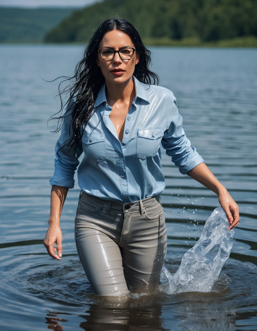 photo of young woman, in soaking wet, drenched clothes,
office shoes , long light gray leather jeans, light blue jeans shirt with long sleeves, walking submerged in sunny deep lake, 
enjoying, wet clothes stuck to body,
detailed textures of the wet clothes, wet face, wet plastered hair,
wet, drenched, professional, high-quality details, full body view.
sharp focus, ultra-high pixel detail, realistic, high-quality, full colors, incredibly detailed, 4k, 8k, 16k, hyper-realistic, RAW photo, masterpiece, ultra-detailed, professionally color graded, professional photograph, woman 51 years old, long black hair, very big and thick lips, office glasses, complete body, open mouth